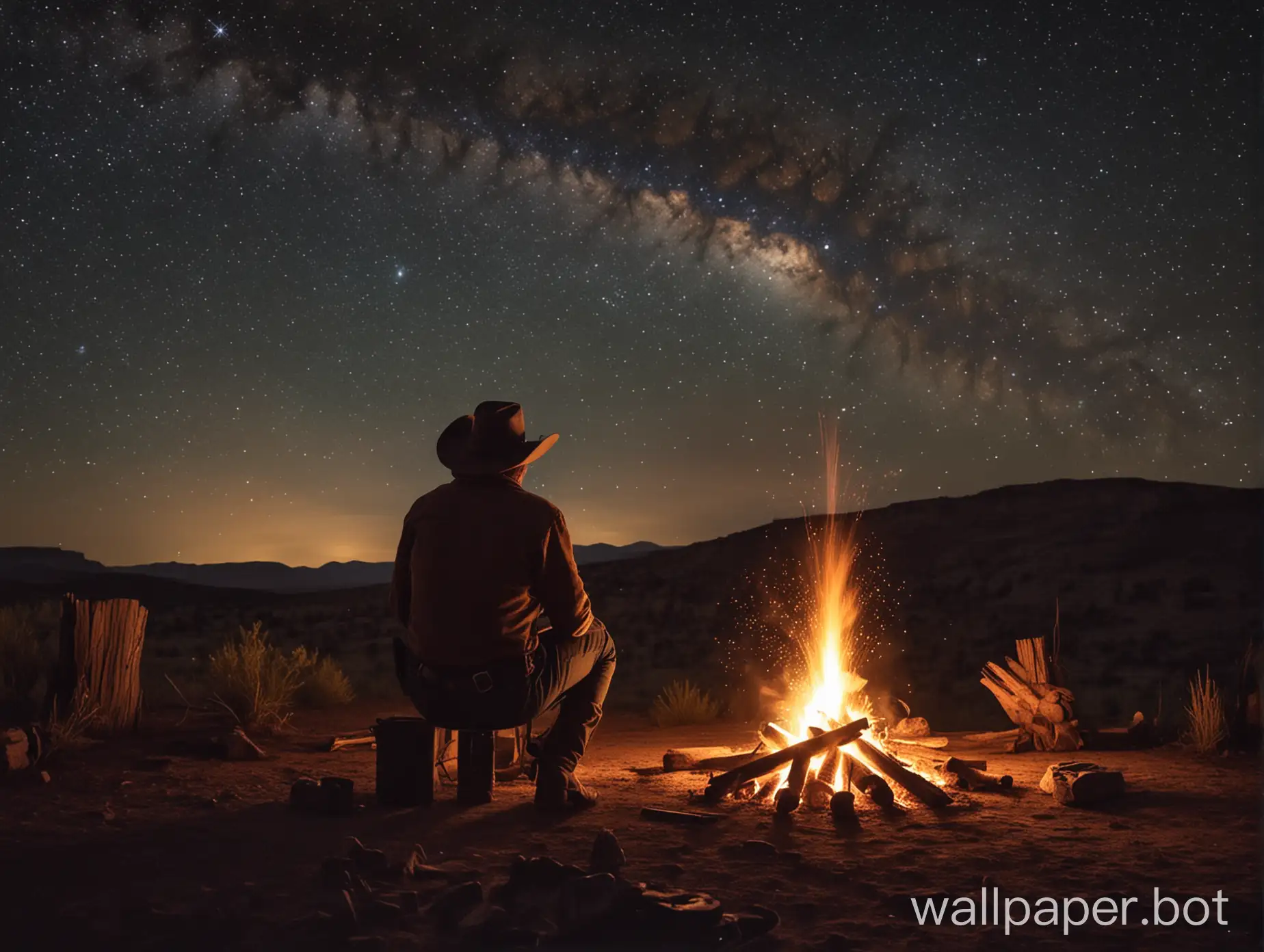 cowboy sitting next to fire, looks into the vast stars