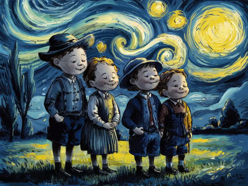 мальчики и девочки смотрят на звездную ночь ван гога и улыбаются