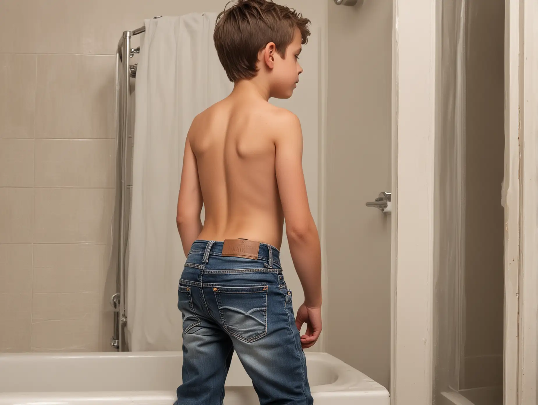 10 year old boy with tight jeans half way on, top off, inside a bathroom