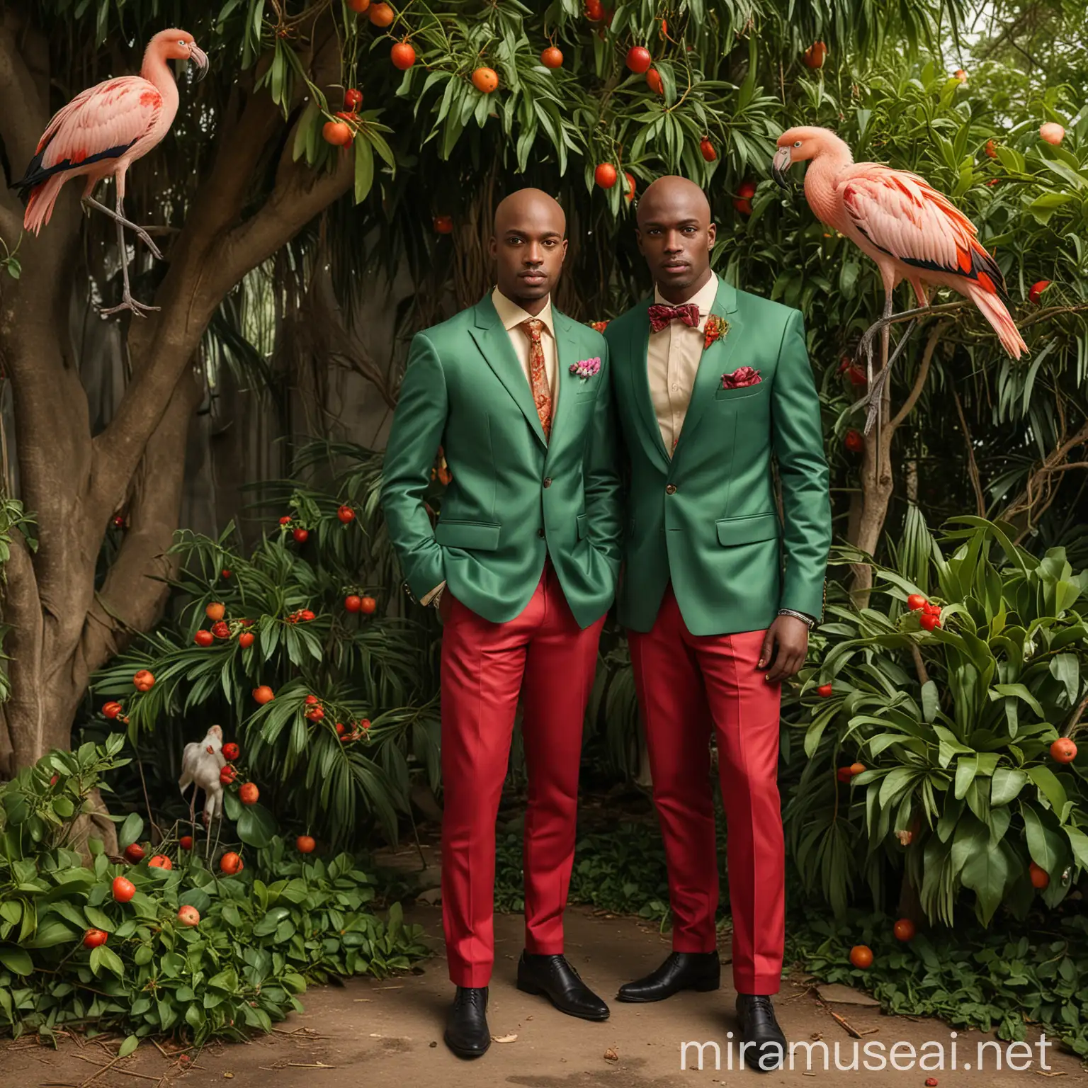 In the ambience of a Photostudio with a golden Background. Two black men. One with short very blond Hair with a petrol green colored jacket and a long skirt in petrol green. The other Black man tall with bald head and a red colored suit on.  Dark Ambience with Spotlights on the men. Standing in front of an apple tree with many leaves. With Flamingos and Parrots. And two beautiful lions surrounding the two men.

