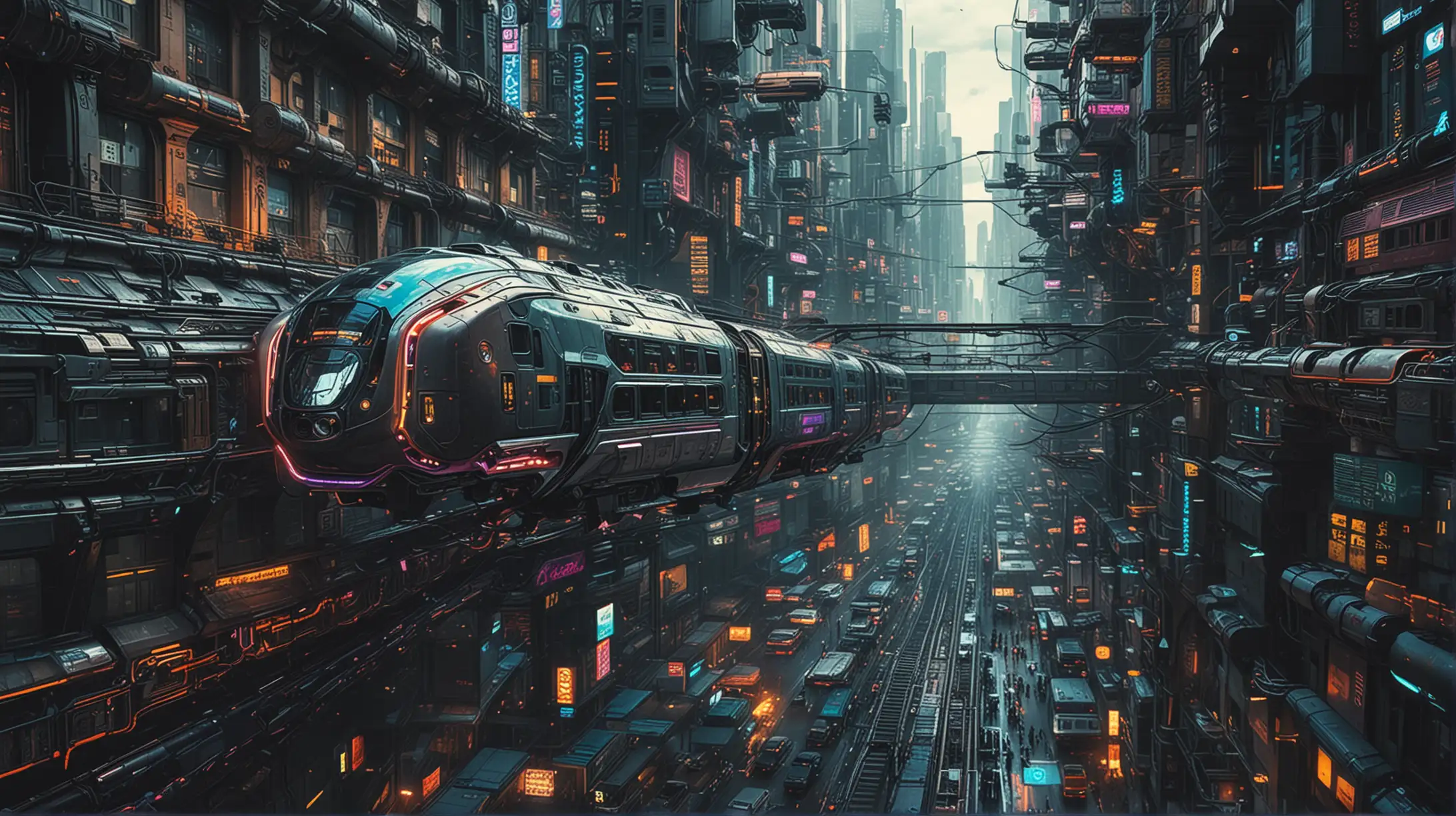 the psychodelic vision of a very futuristic overhead train running over the center of a cyberpunk city