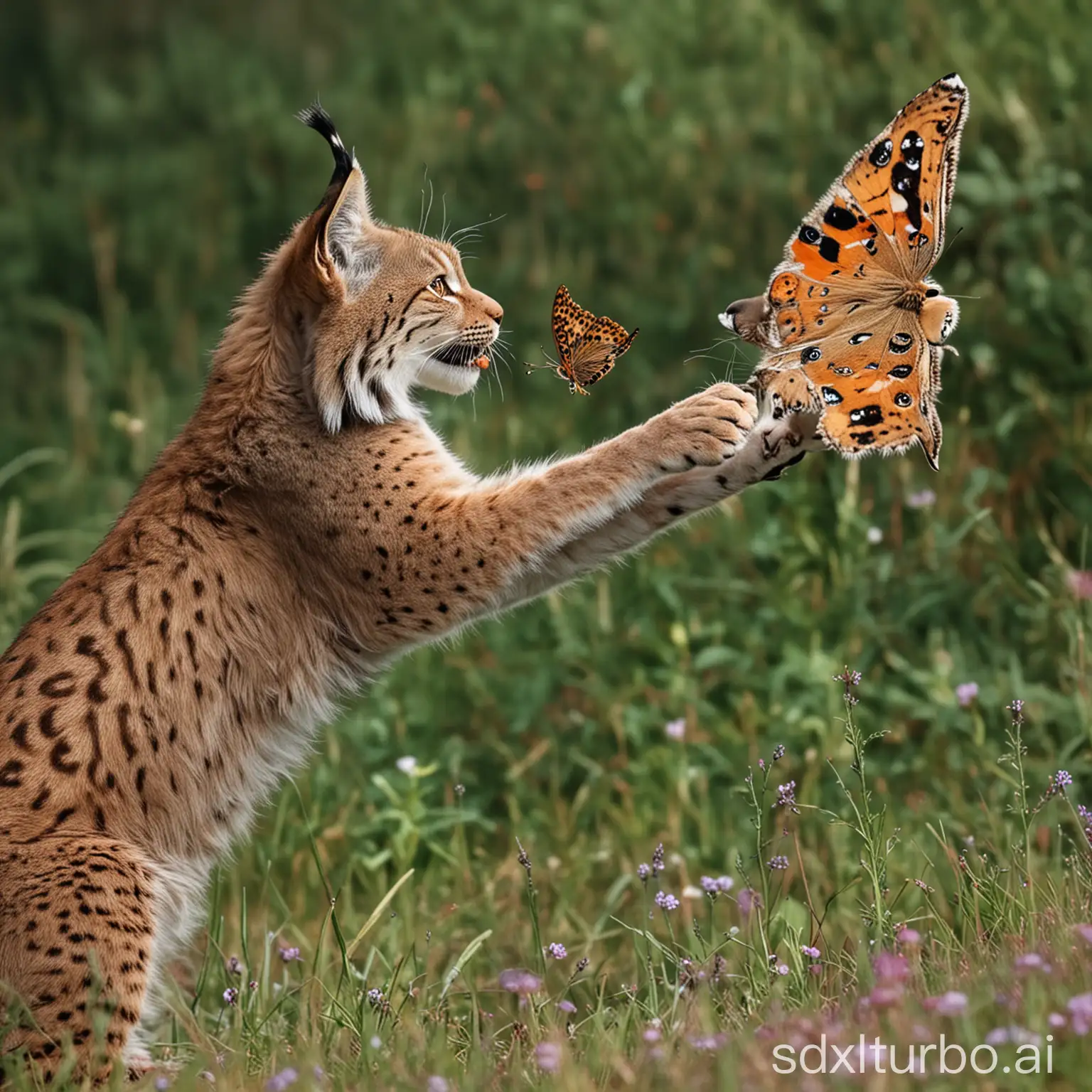 Lynx cat catching a butterfly