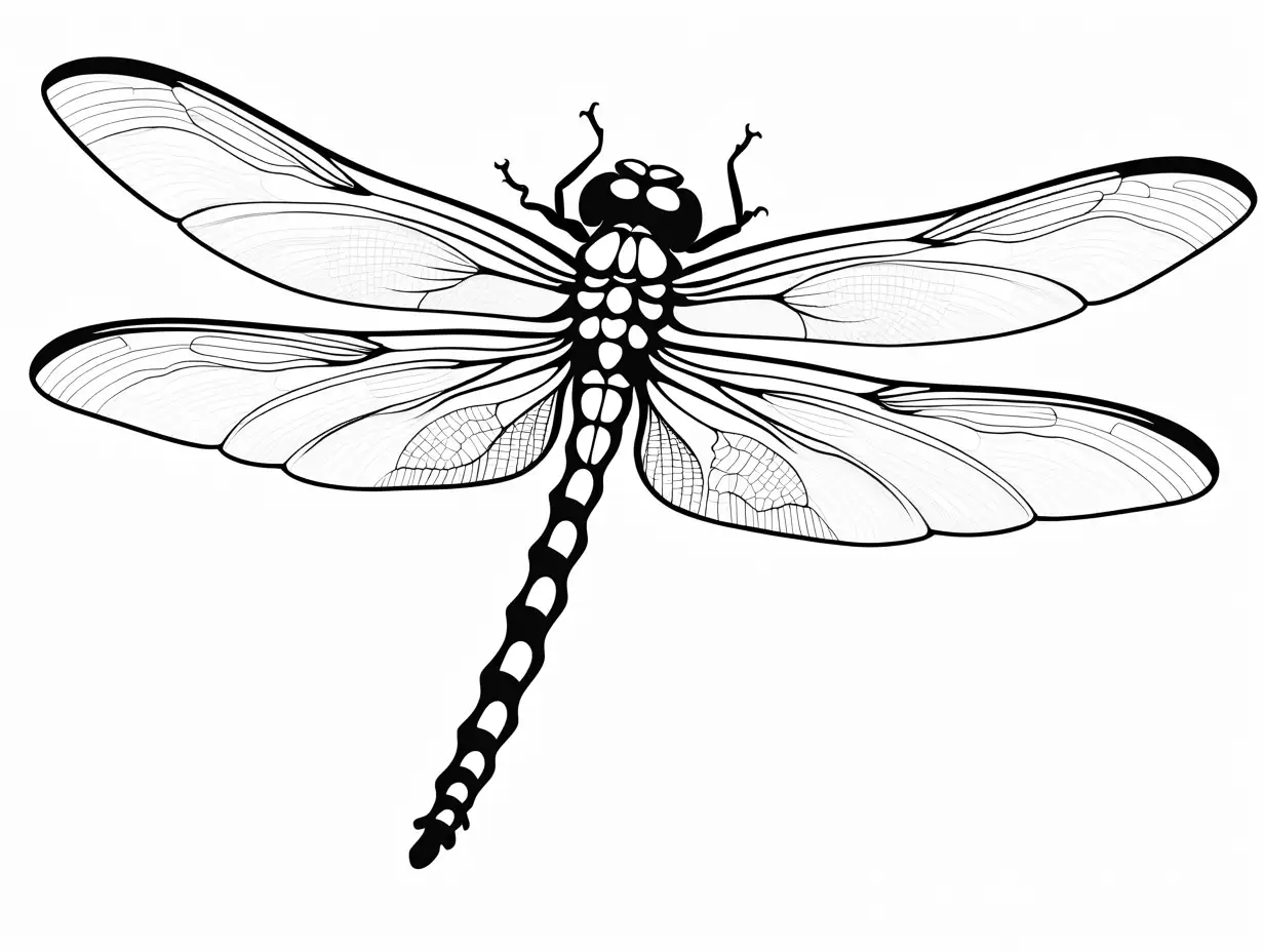 dragonfly, Coloring Page, black and white, line art, white background, Simplicity, Ample White Space. The background of the coloring page is plain white to make it easy for young children to color within the lines. The outlines of all the subjects are easy to distinguish, making it simple for kids to color without too much difficulty