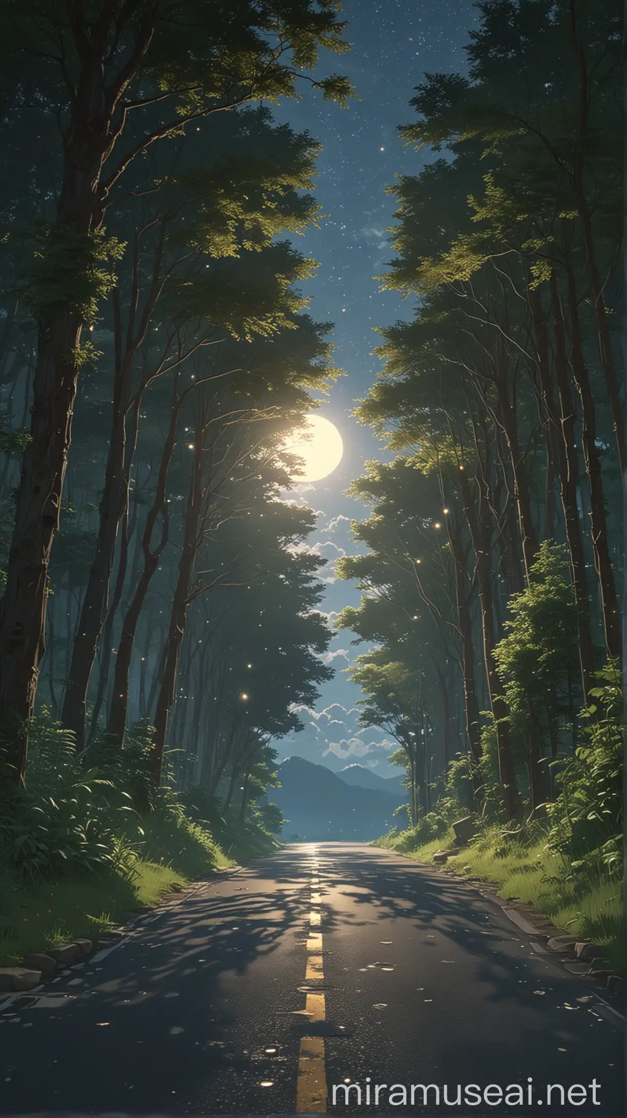 Create an anime-inspired scene of a serene, winding road at night, flanked by dense, lush trees on either side. The scene is illuminated by the gentle glow of a full moon, casting soft light across the landscape. The night sky is dotted with countless stars, creating a magical atmosphere. This road meanders through the hills, adding a sense of depth and tranquility to the setting. The style blends Makoto Shinkai's intricate and emotive anime style with the whimsical, detailed backgrounds typical of Studio Ghibli. Render the scene in 8K resolution, capturing every delicate detail and texture, from the leaves rustling in the breeze to the moonlight dancing on the road