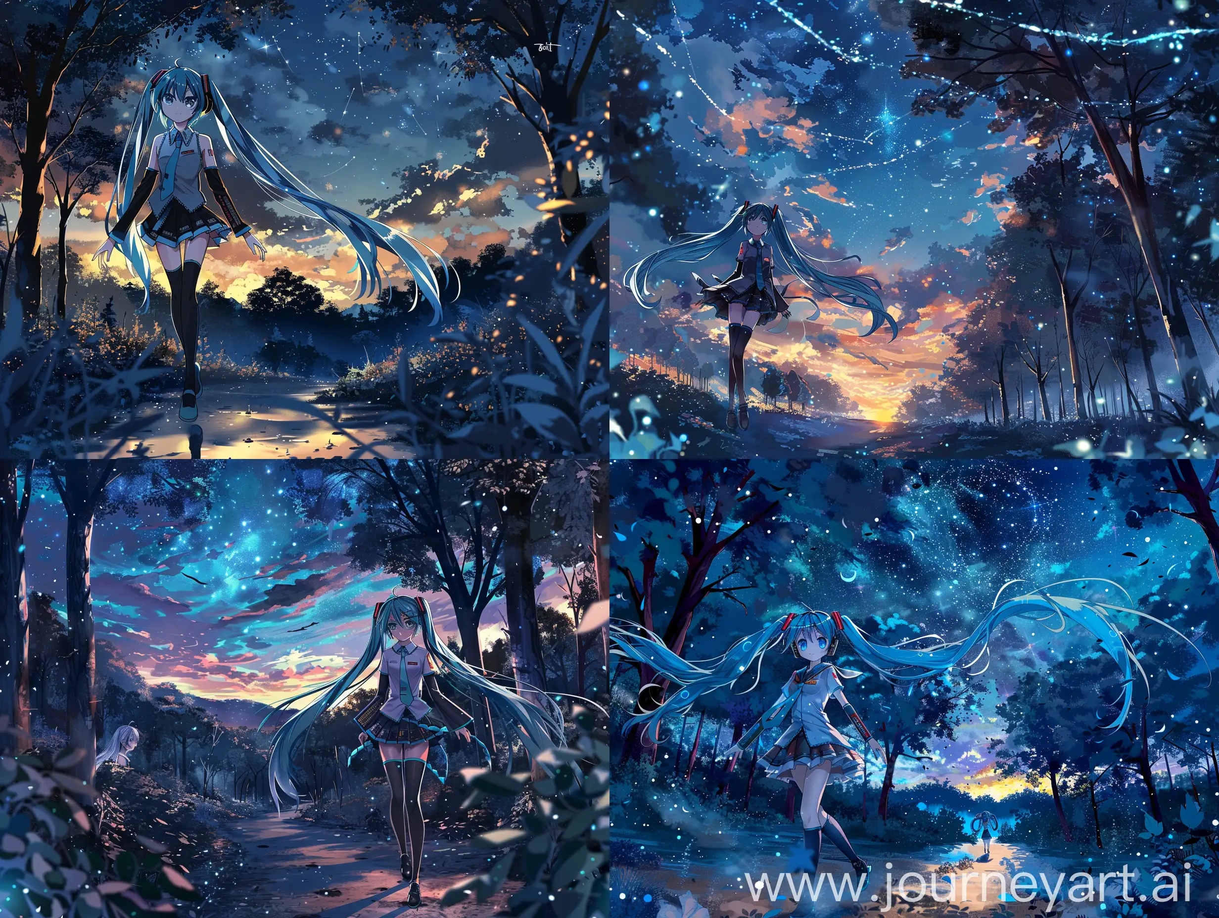 Enchanting-Hatsune-Miku-Walking-in-Starlit-Forest