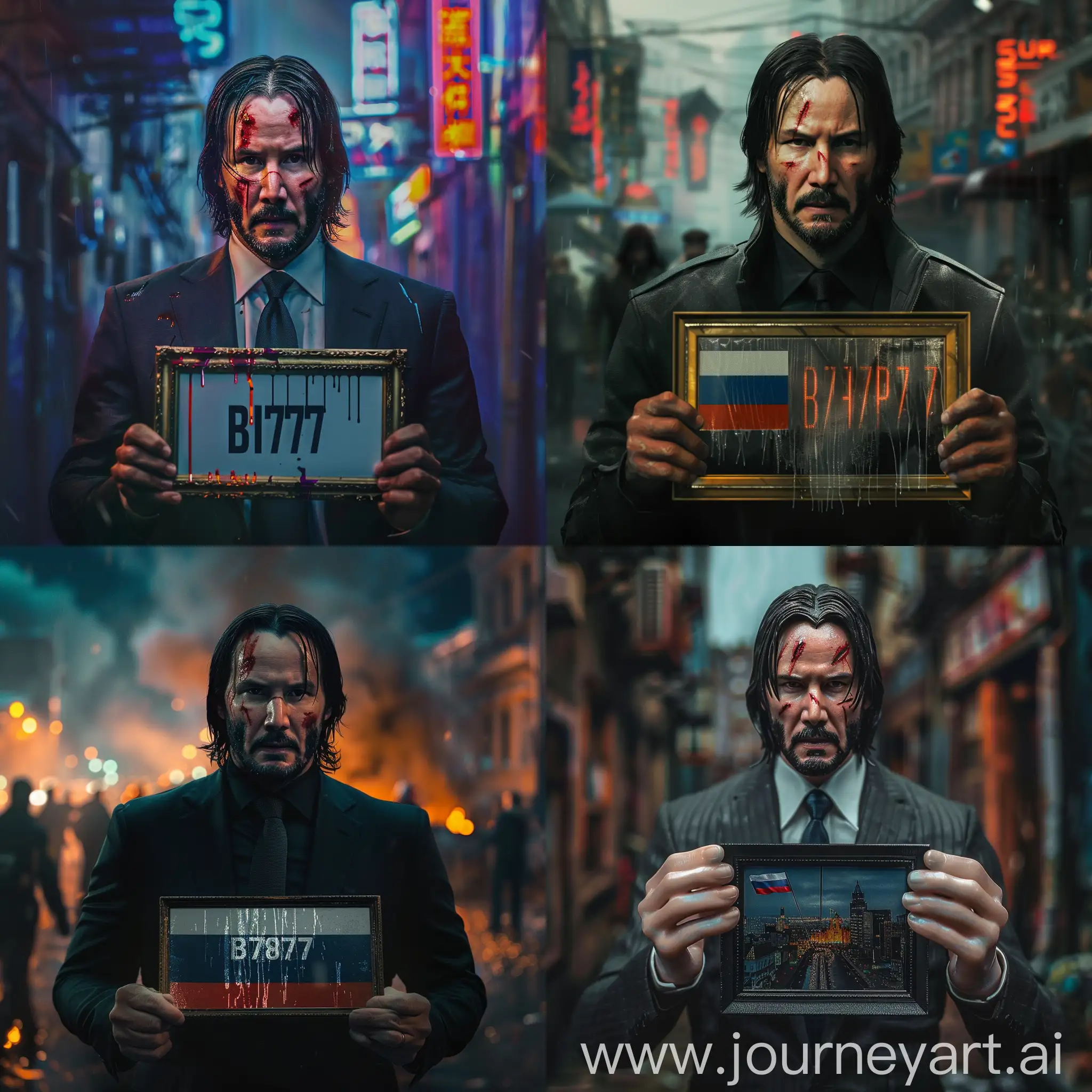 John-Wick-Holding-Frame-with-B777OP777-Number-and-Russian-Federation-Flag