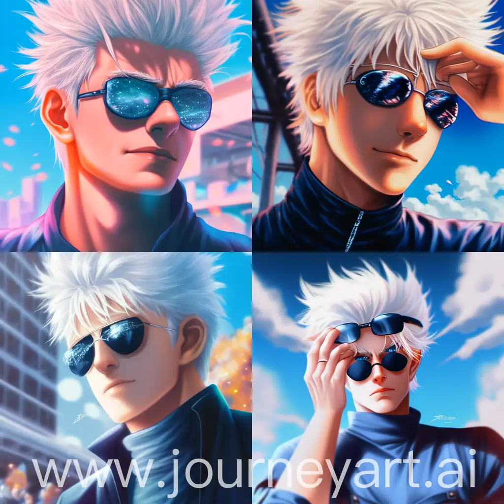 Satoru Gojo, Jujutsu Kaisen, Handsome man with white medium length hair, wearing sunglasses and blue galaxy in his eyes, Sunglasses on the bridge of his nose, revealing his deep blue eyes, looking at viewers, hyper-realistic atmospheres, details, 8k