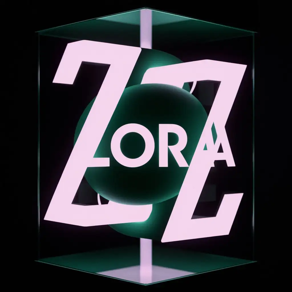 The word ZORA is in the form of an anogram, the capital letter z, the rest of the letters inside the letter Z. All this in 3D with vertical axis rotation. The colors are purple and dark green.