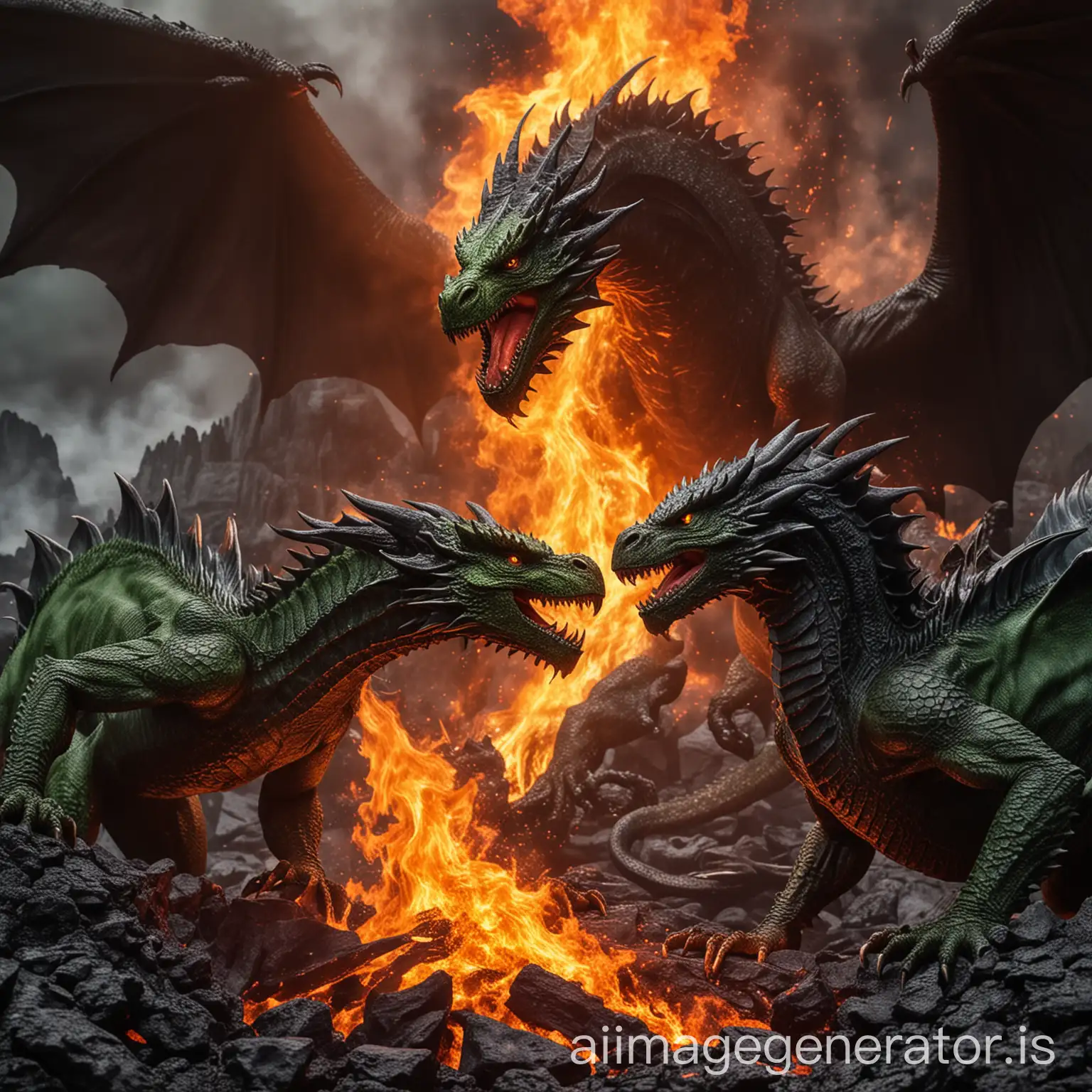 green dragon fighting black dragon blood and fire with lava in background