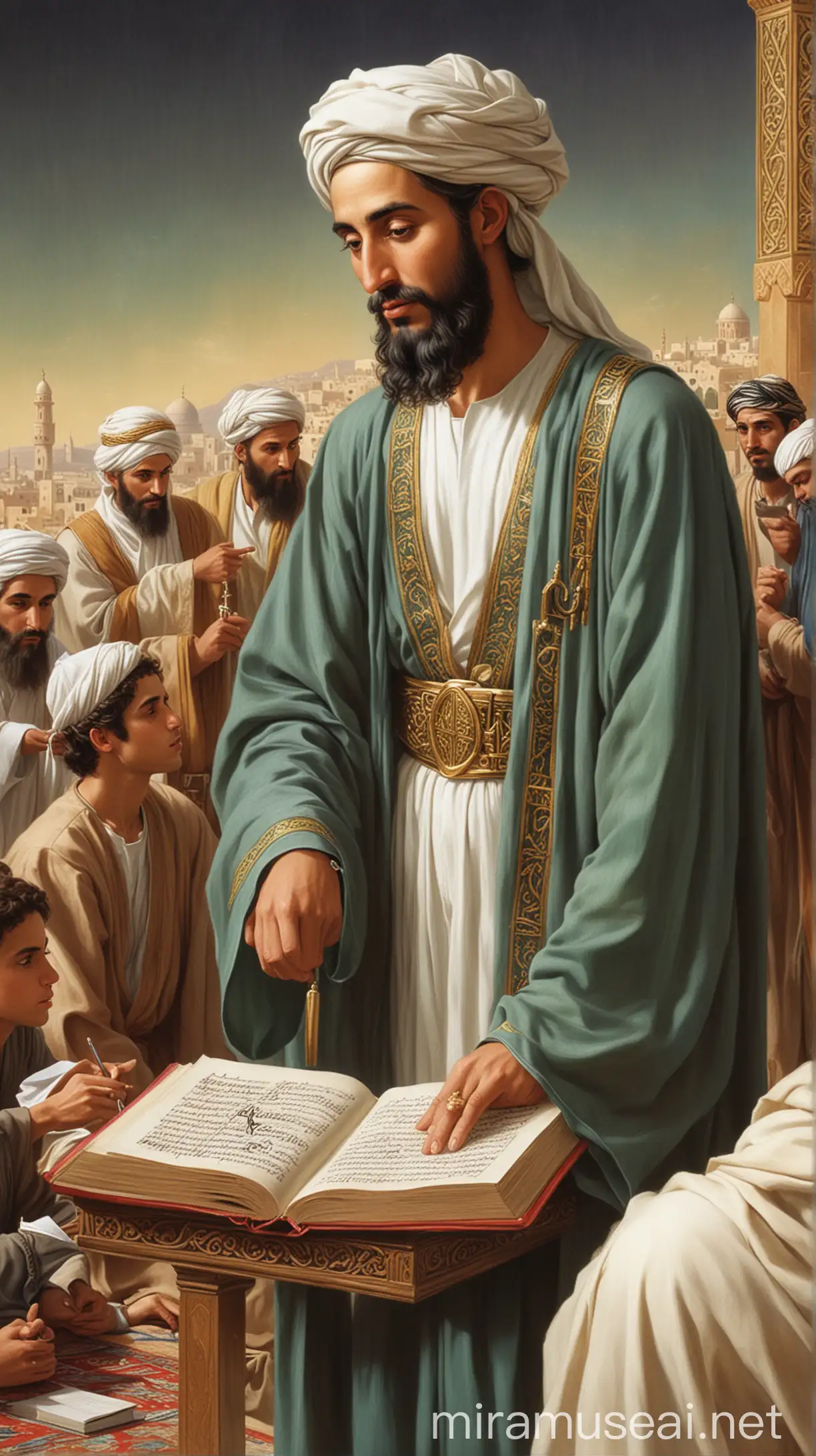 Prophet Muhammad (peace be upon him) encouraging his companions to engage in critical thinking and pursue knowledge, illustrating his role as a teacher and mentor.
