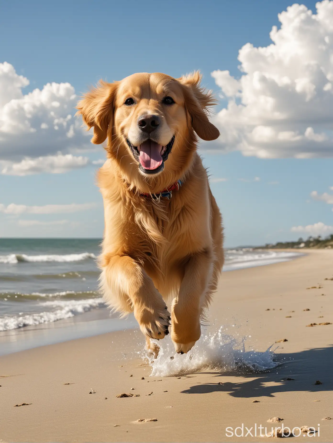 海滩，金毛犬，奔跑，蓝天，白云