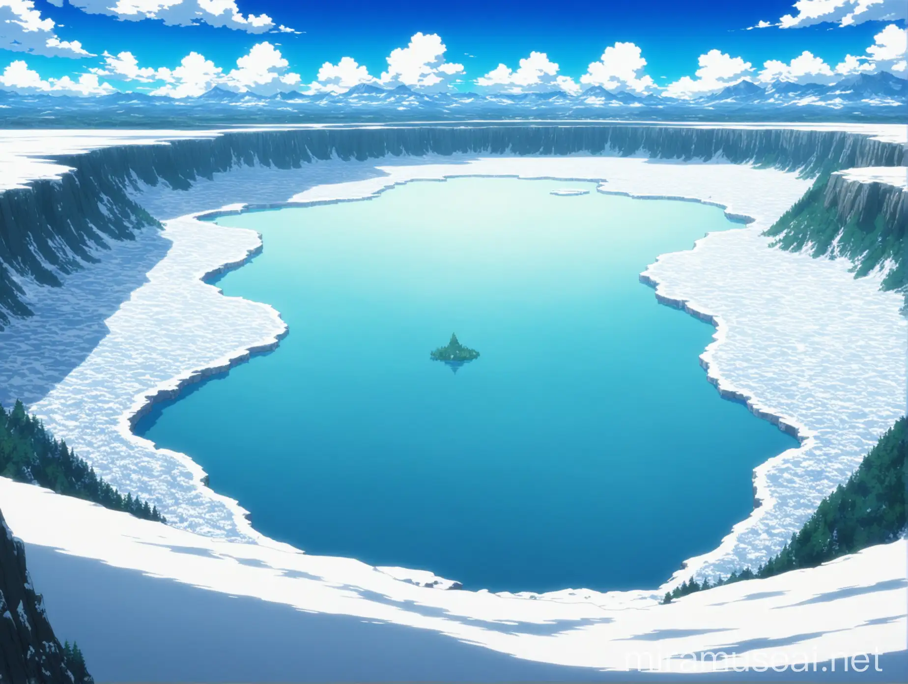 a giant lake in front of a far away plateau, there is a lot of snow on the coast. in anime