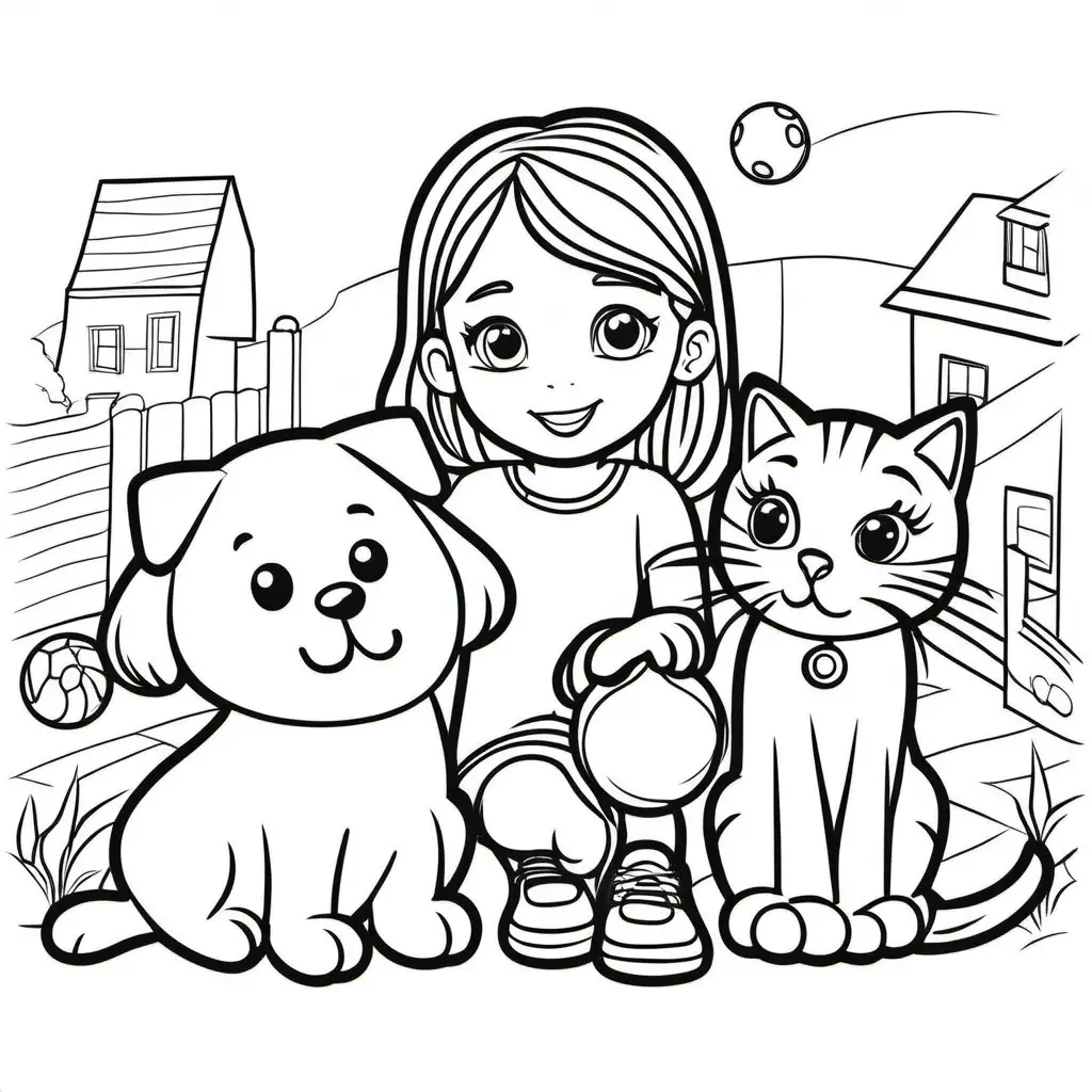 A girl, cat, dog and ball, Coloring Page, black and white, line art, white background, Simplicity, Ample White Space. The background of the coloring page is plain white to make it easy for young children to color within the lines. The outlines of all the subjects are easy to distinguish, making it simple for kids to color without too much difficulty