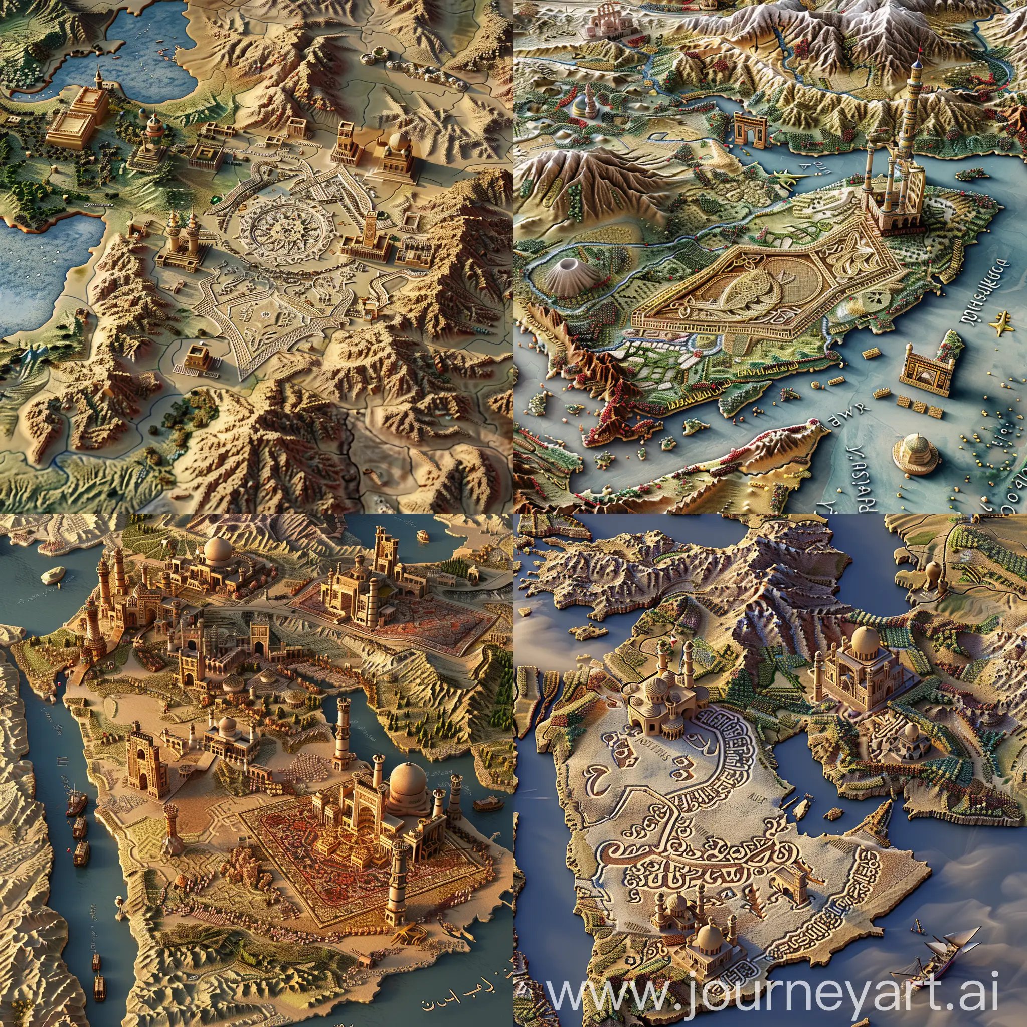 A detailed 3D map of Iran, photorealistic, intricate Iranian carpet pattern engraved onto the surface, vivid colors, warm lighting, complex architecture, ancient landmarks, rugged terrain, dramatic shadows, ornate decorations, extreme detailed description, masterpiece