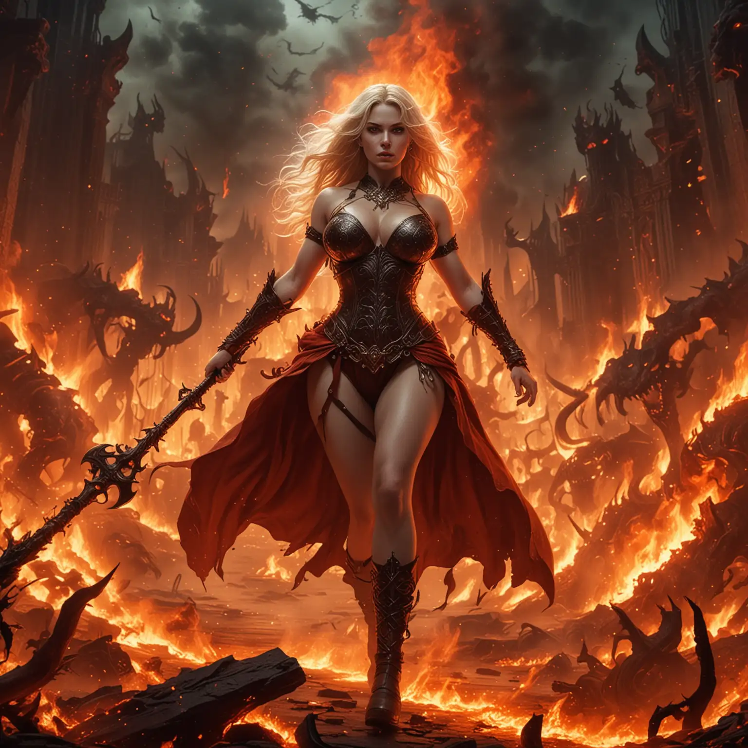 Blonde Woman Fighting Demons in Hades Fiery Abyss