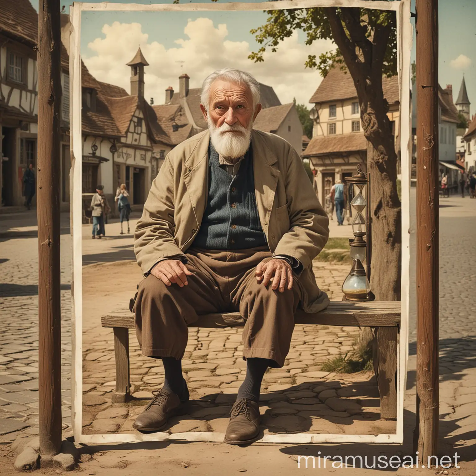 Elderly Man Resting Beside Hourglass in Village Square Poster