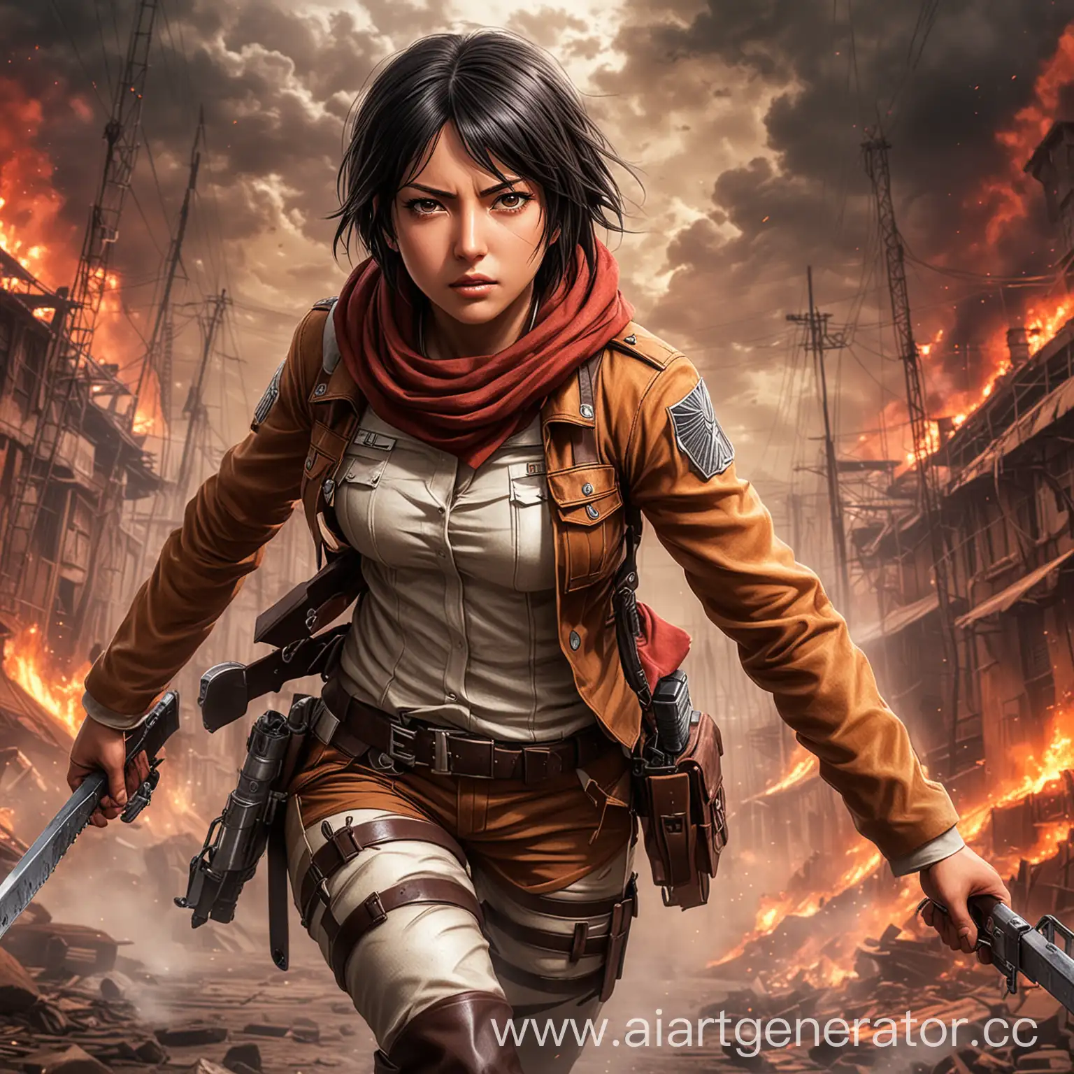 Mikasa Ackerman from Attack on Titan captured in mid-battle, Survey Corps uniform reflecting  she is the perfect combination of determination and grace, set against vibrant hues of an apocalyptic backdrop, with rich, deep colors emphasizing the intensity of the scene, digital painting, high dynamic range, ultra realistic, dramatic lighting.