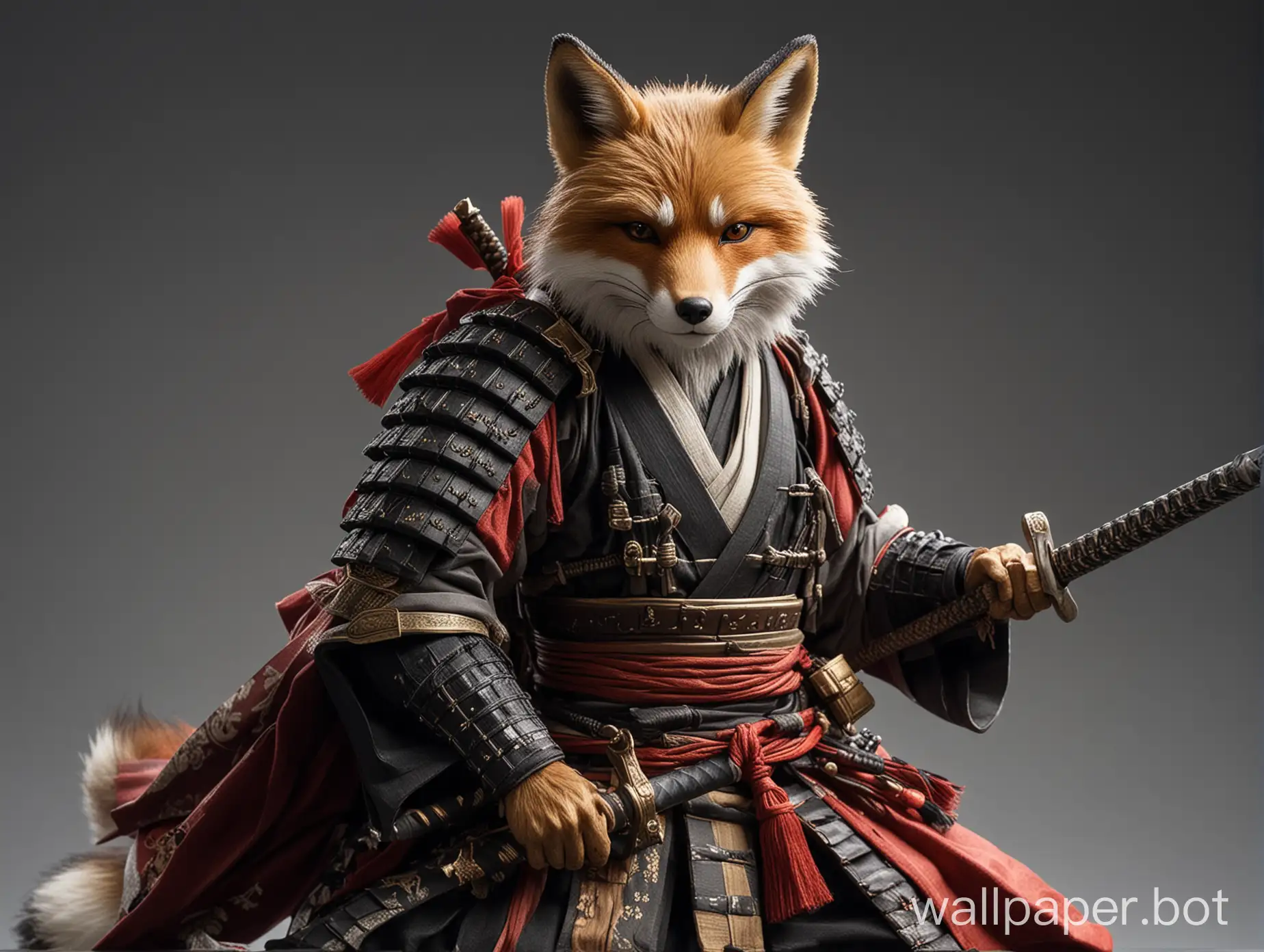 Masterpiece. Best quality. Samurai fox. Human-like fox samurai. Wearing traditional clothes. Ready to strike with a sword.