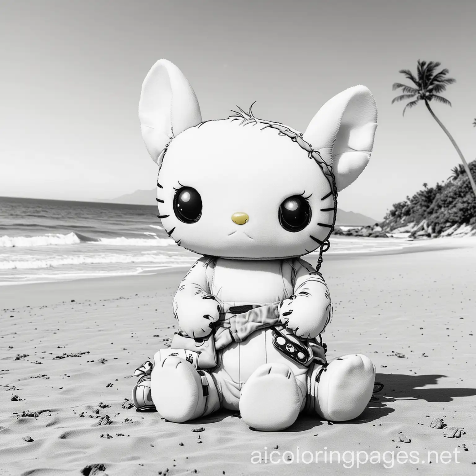 Hello Kitty hanging out with Stitch at the beach , Coloring Page, black and white, line art, white background, Simplicity, Ample White Space. The background of the coloring page is plain white to make it easy for young children to color within the lines. The outlines of all the subjects are easy to distinguish, making it simple for kids to color without too much difficulty