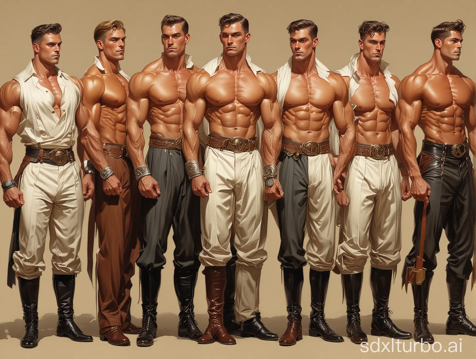 a lineup of various exotic muscular men characters for a movie in Leyendecker illustration style