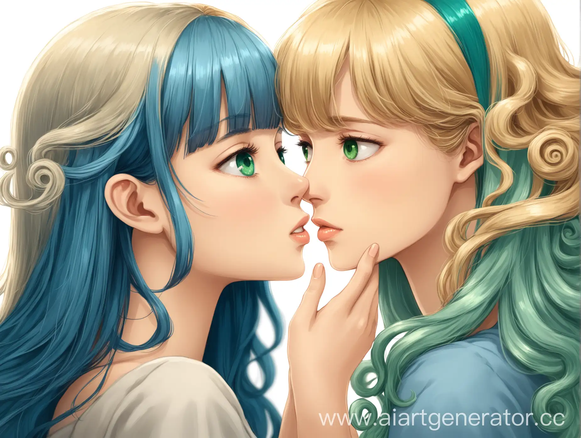 Блондинка с длинными прямыми волосами и чёлкой с зелеными глазами целует вторую девушку с голубым каре и карими глазами
