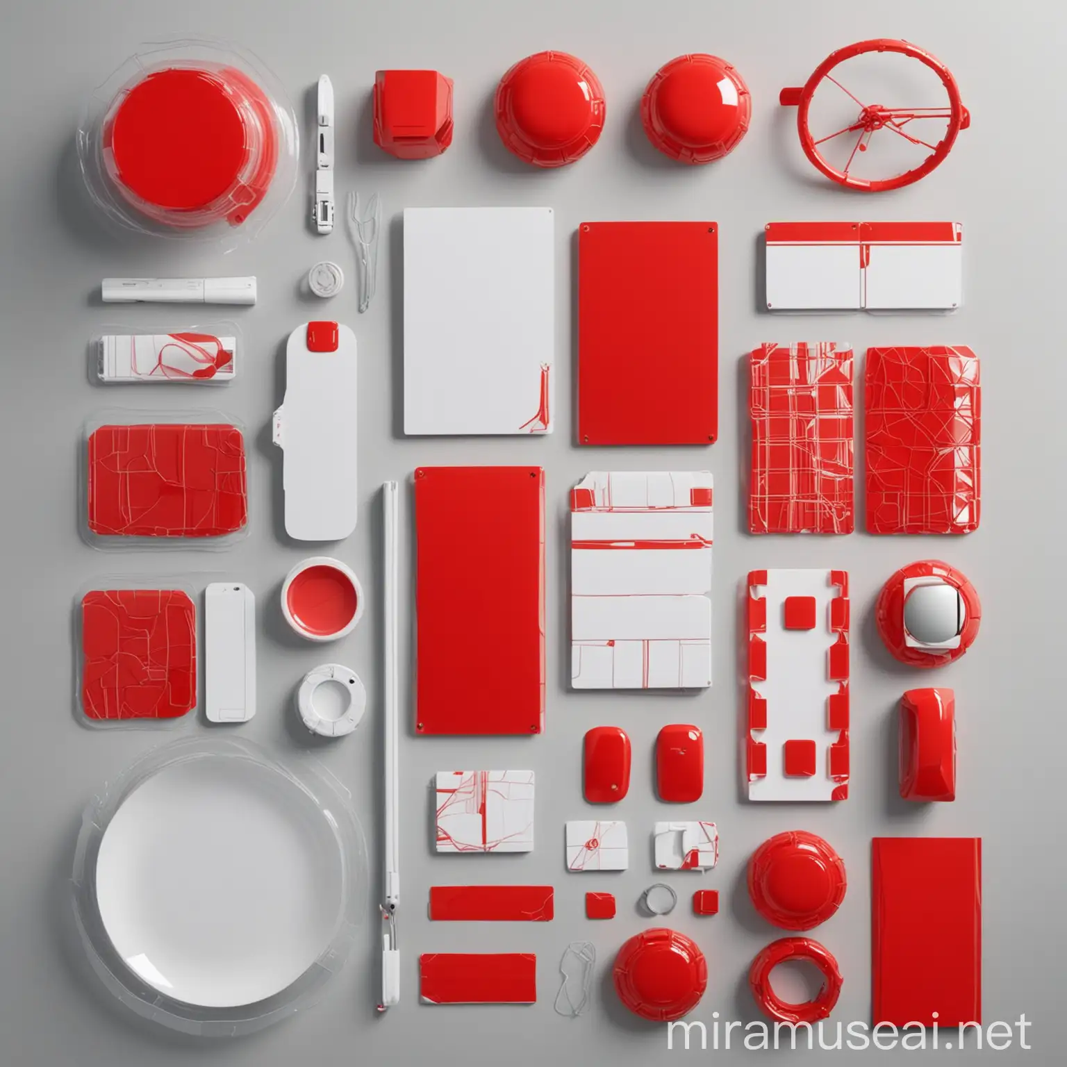 Create a moodboard that showcases bright red and white tones with reflective surfaces, plastic elements, and sleek curves. Infuse the design with technological motifs, security themes, and modern aesthetics, creating a fusion of innovation and minimalist sophistication.