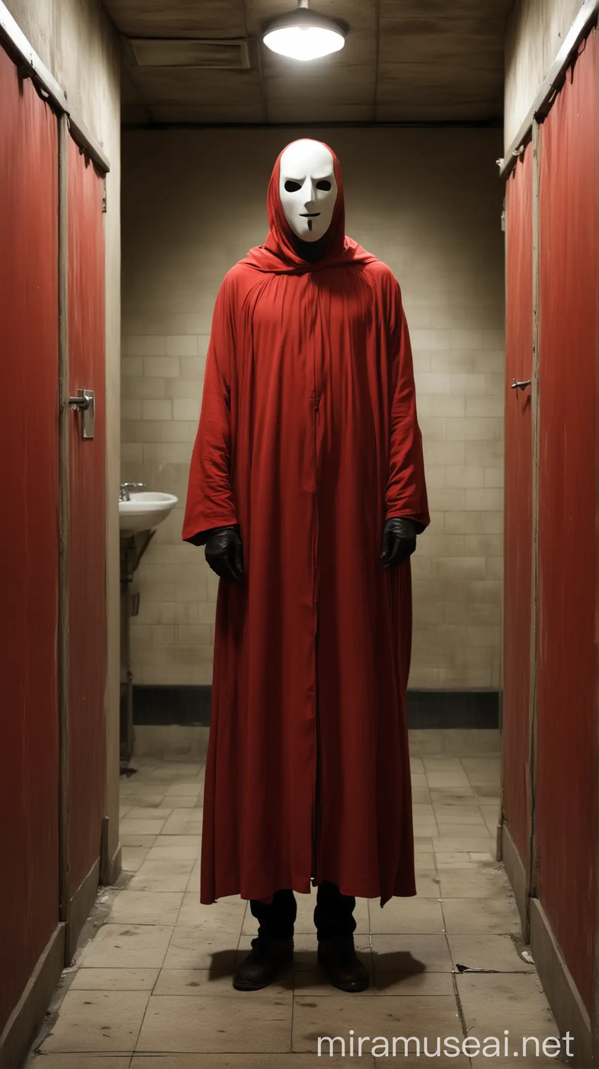 Aka manto is described as a tall, slender man wearing a flowing red cloak that drapes around his body. His face is obscured by a white mask, devoid of any features except for a mouth. In some depictions, his eyes are said to glow a sinister red. He is often portrayed standing ominously in darkened public restroom stalls,