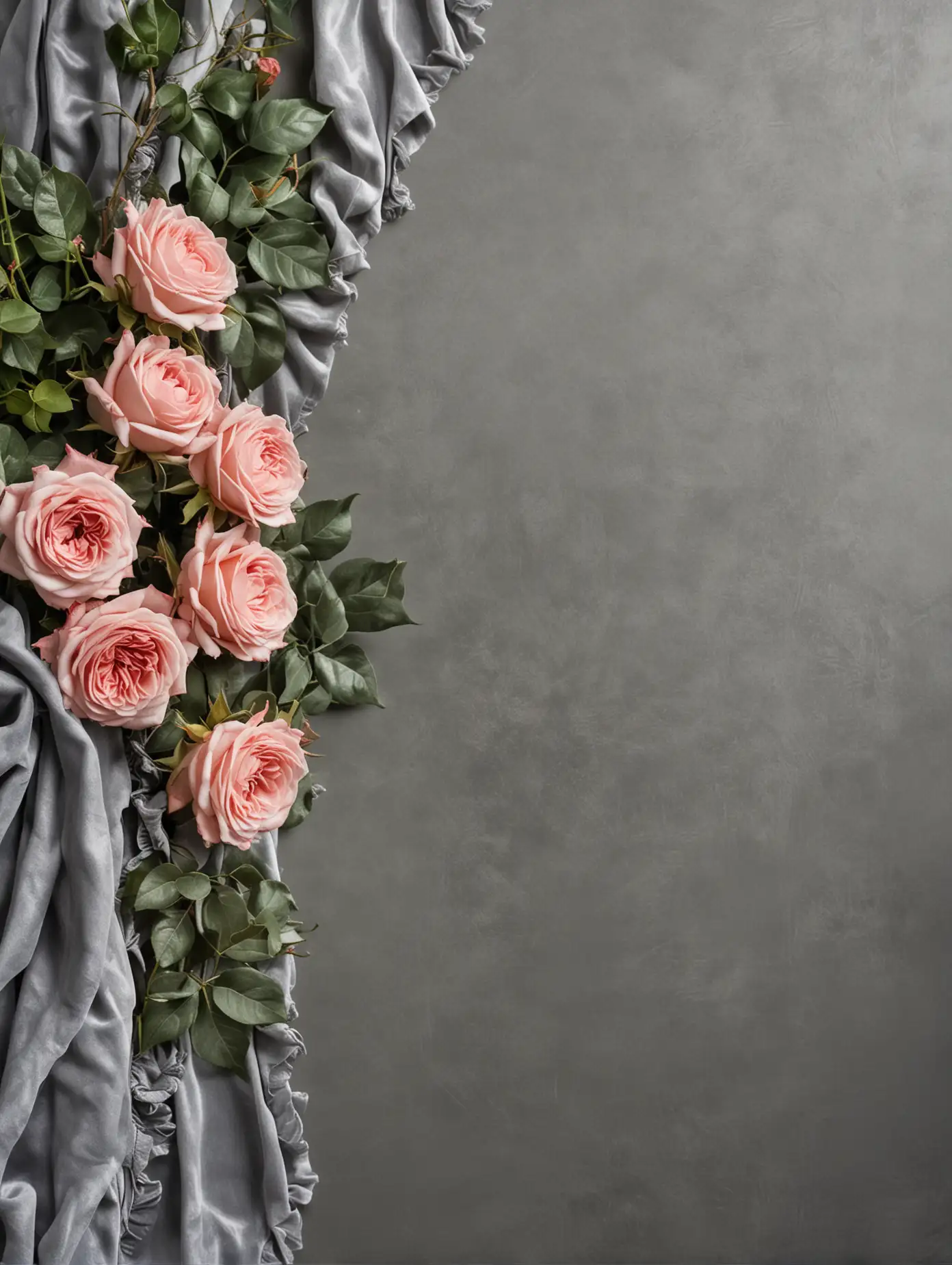left side border, draped gray fabric on which lies a few beautiful  roses and ivy, gray velvet background