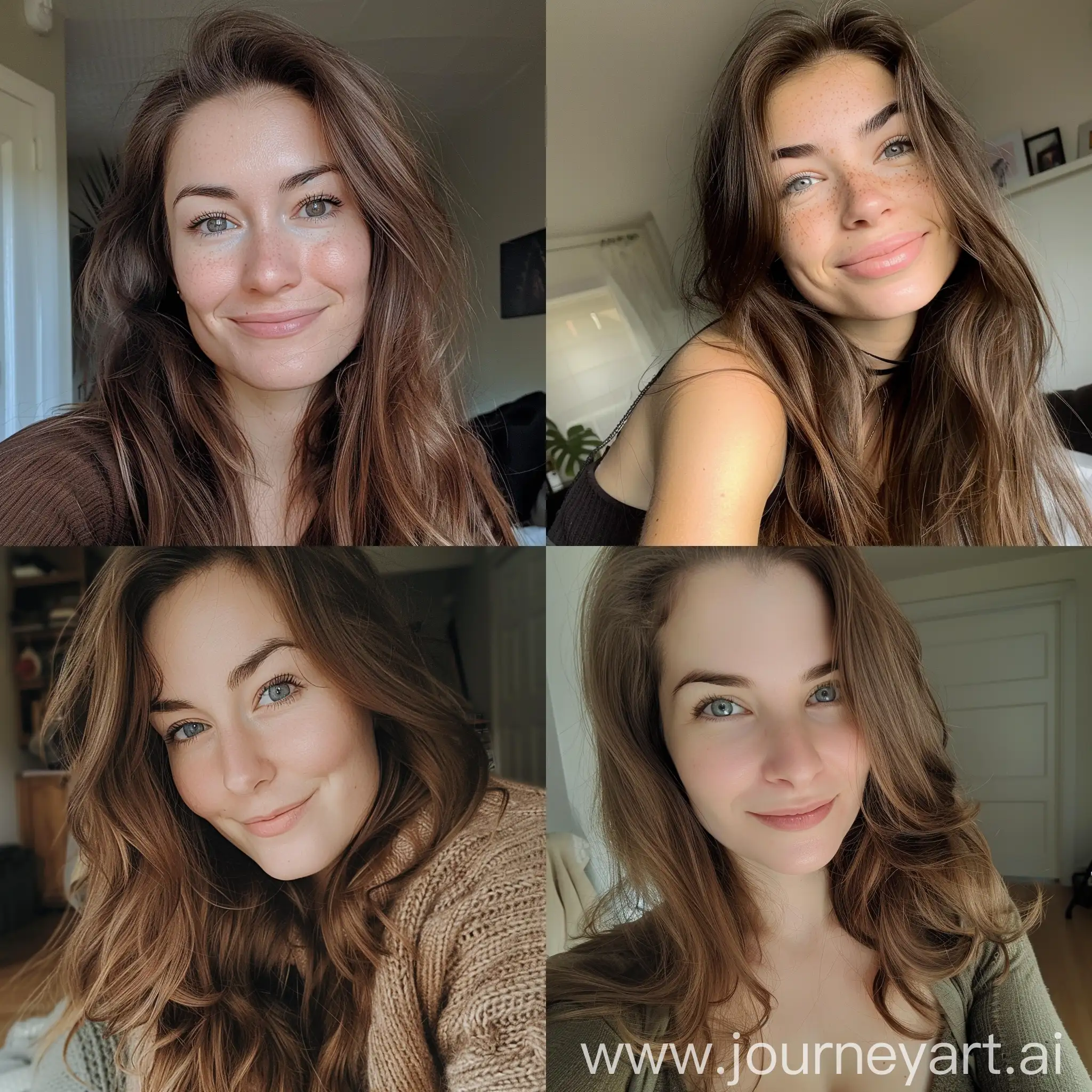 Interior selfies of a woman with brown-haired woman with long hair, gray eyes and an attractive smile, taken on a low quality camera phone