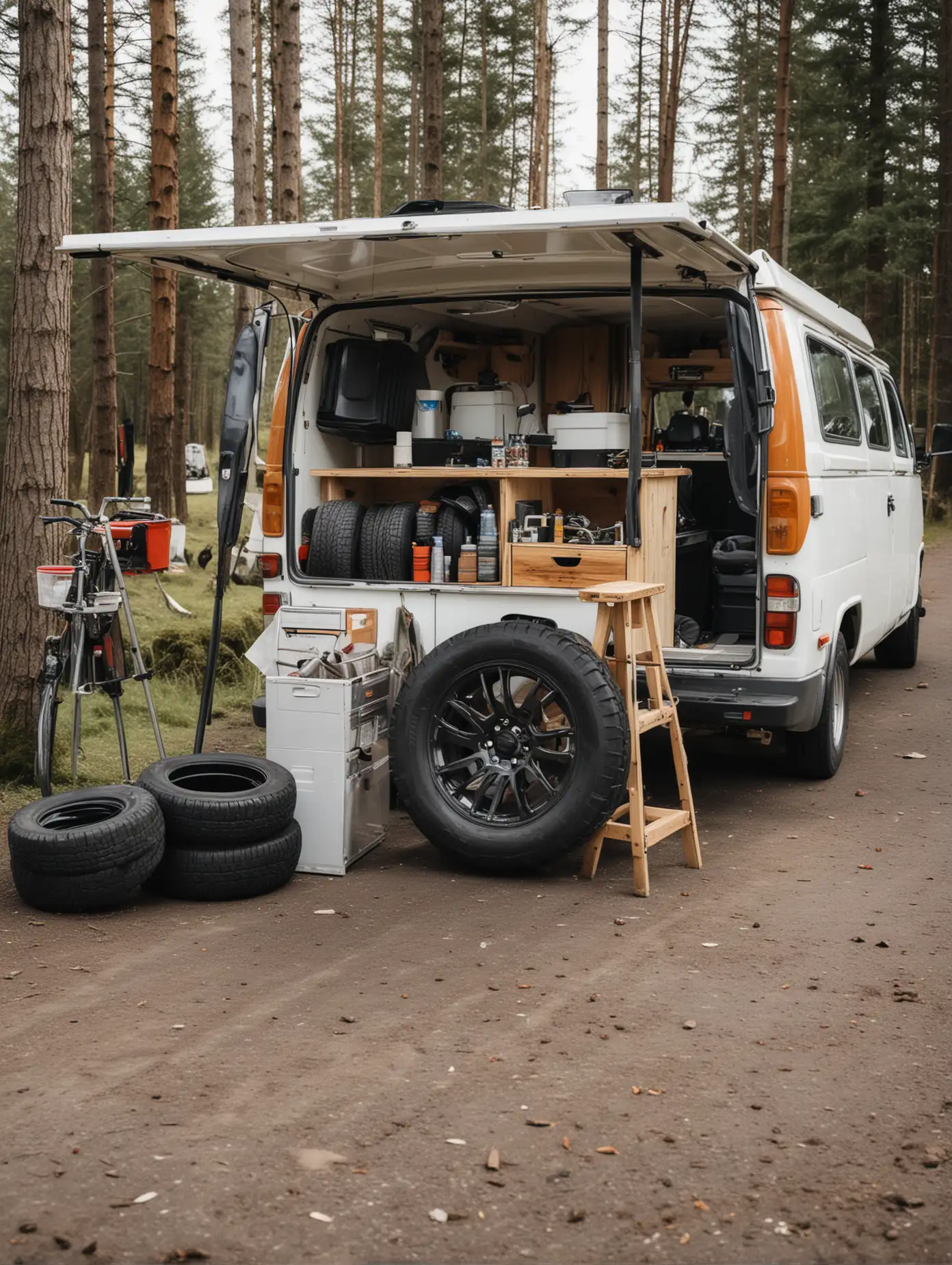 mobile well-kept tire workshop, in a campervan, business look, lots of outdoor space, side view, driving
