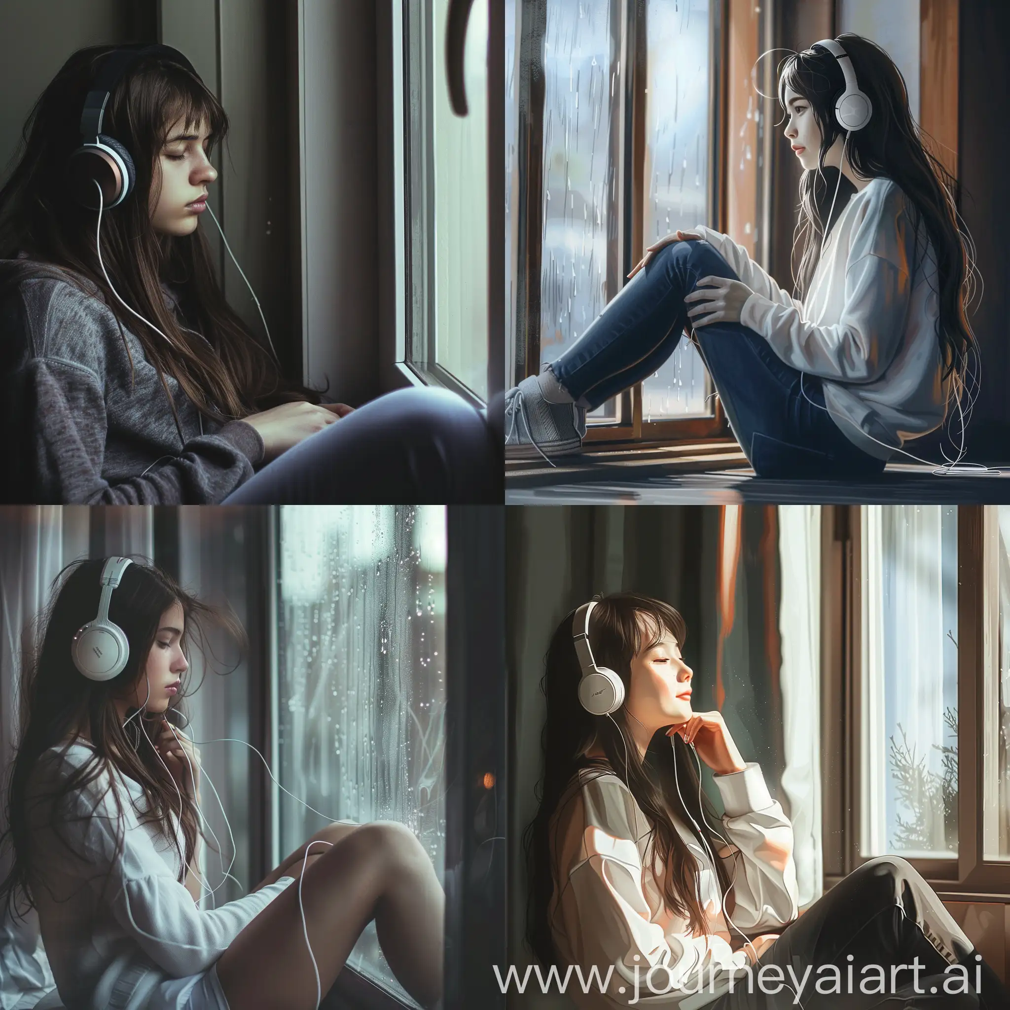 坐在窗前听音乐的女孩，侧面，长发，头戴耳机，恬静，面容完美，全景，9：16