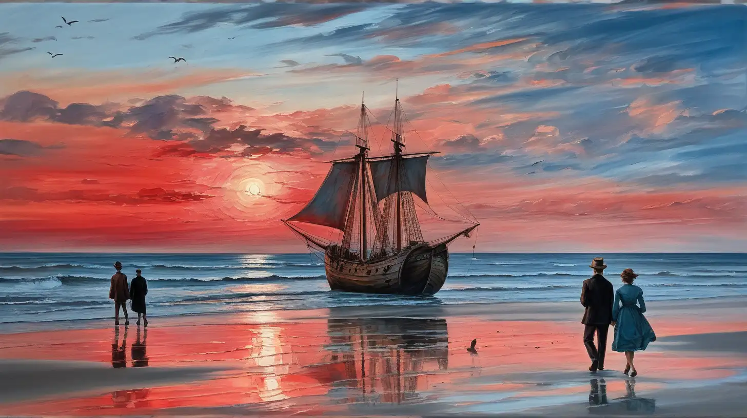 Coastal Sunset Romantic Couple Walking on Beach with Old Wooden Ship