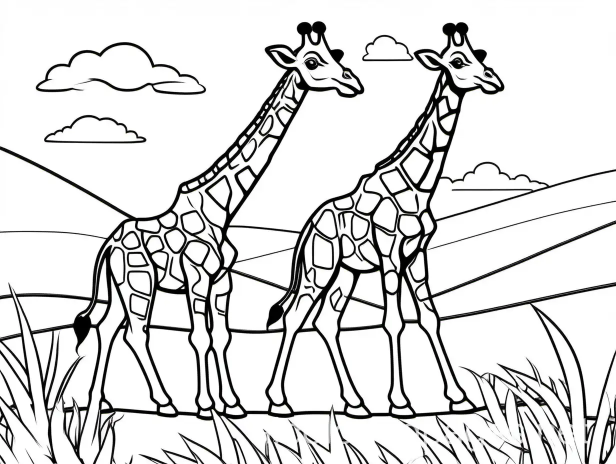 Giraffe , Coloring Page, black and white, line art, white background, Simplicity, Ample White Space. The background of the coloring page is plain white to make it easy for young children to color within the lines. The outlines of all the subjects are easy to distinguish, making it simple for kids to color without too much difficulty