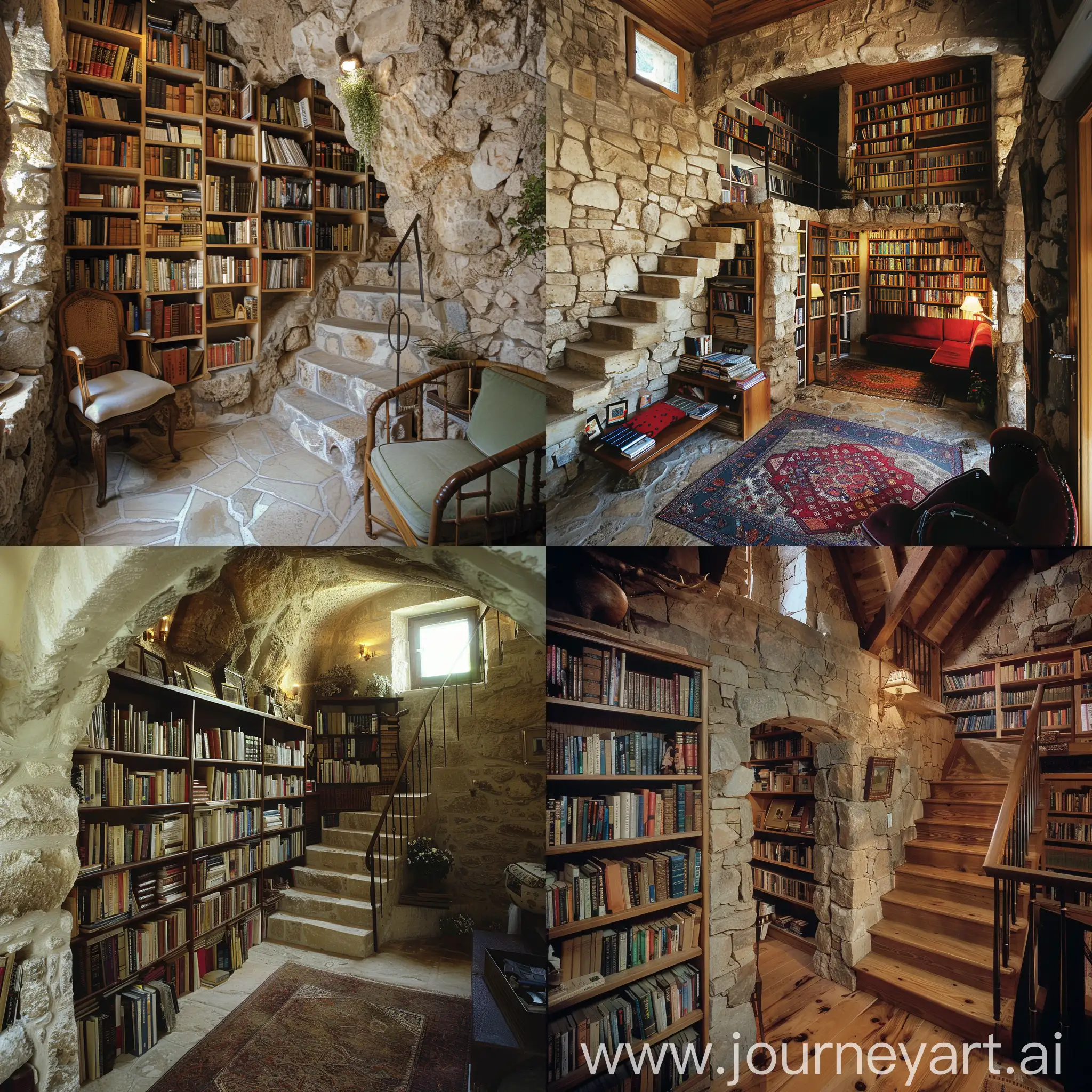 Изображение интерьера каменного дома с книжными полками, которые скрывают проход к секретной комнате или комнате отдыха.