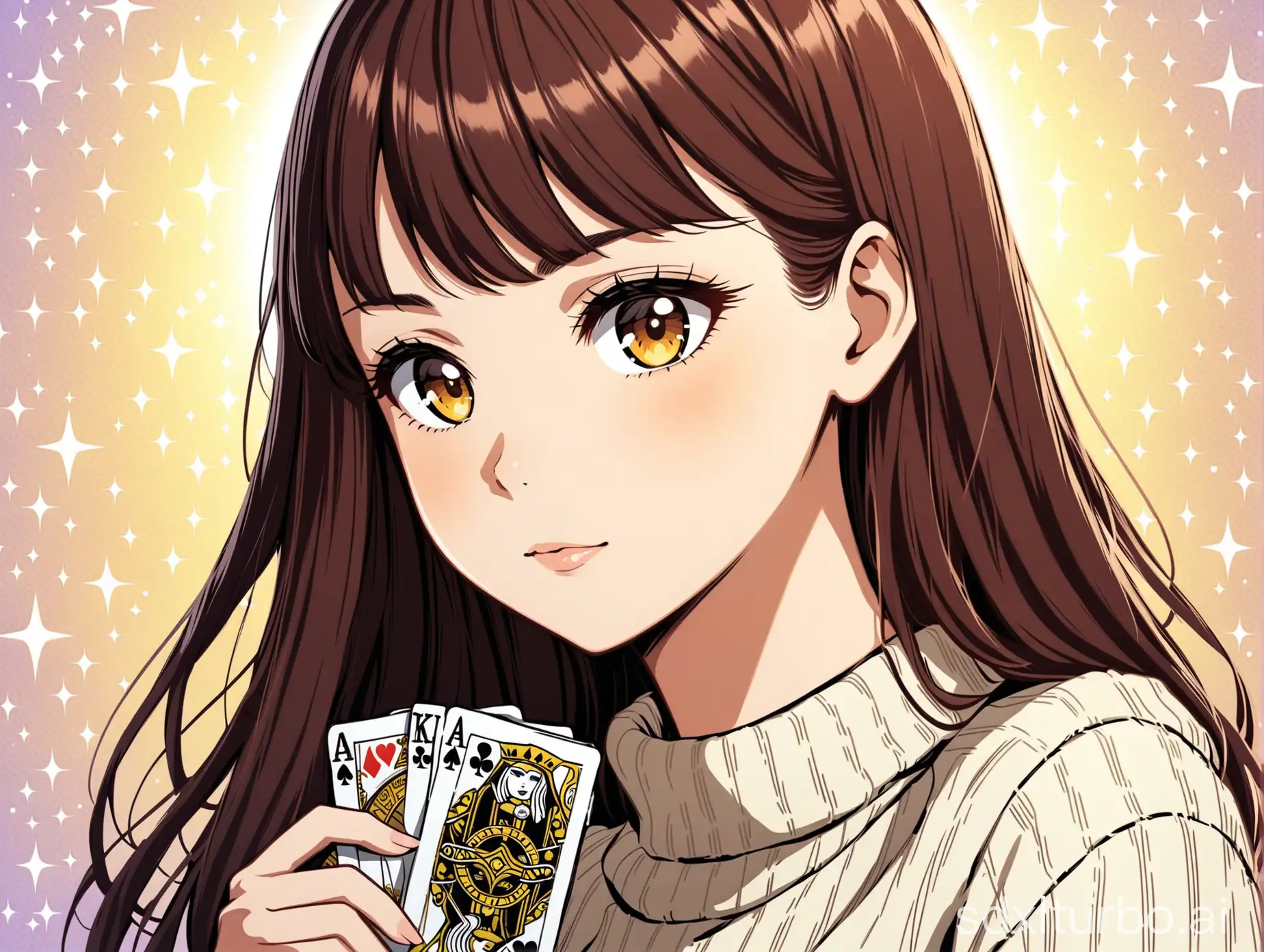 Beautiful girl Nastya with dark chestnut hair without makeup and in a sweater guesses on tarot cards