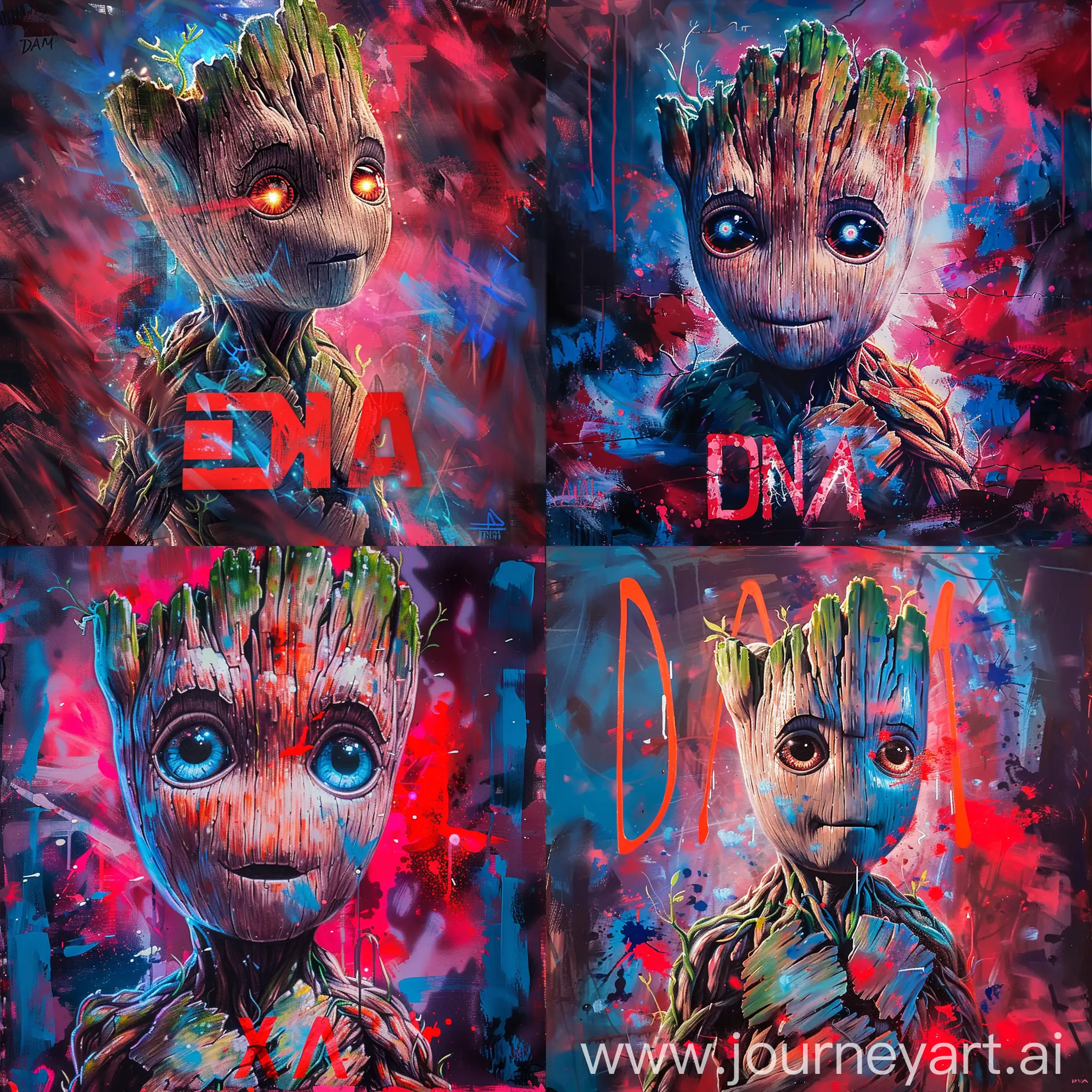 Create text that reads "DNA" with a stunning abstract painting featuring a baby groot with highly detailed and captivating glowing eyes

And that. The background is a beautiful mix of electric red, blue, pink and purple colors., vibrant, illustration, portrait photography, painting, fashion
