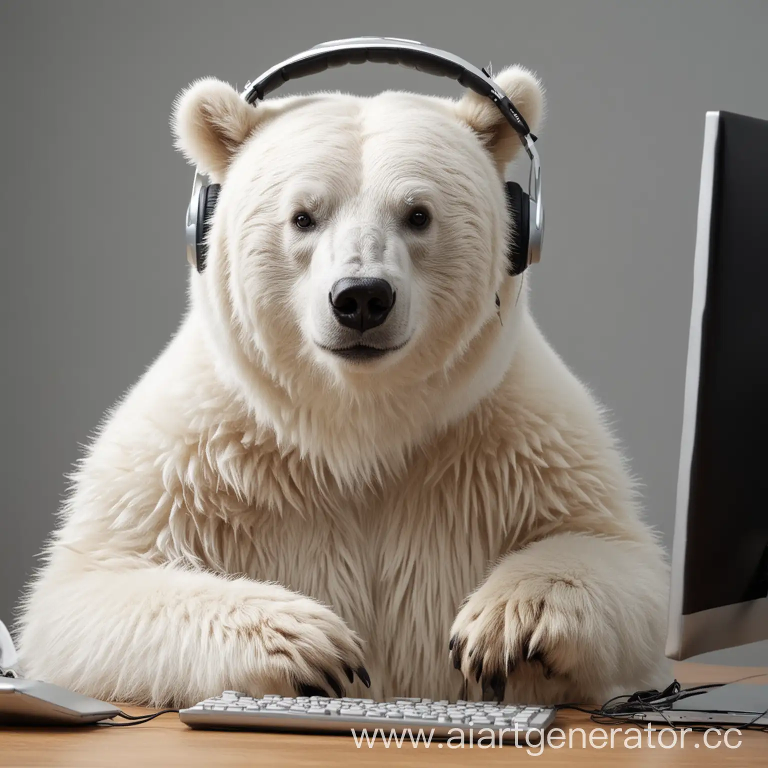 белый медведь в наушниках играет в компютер