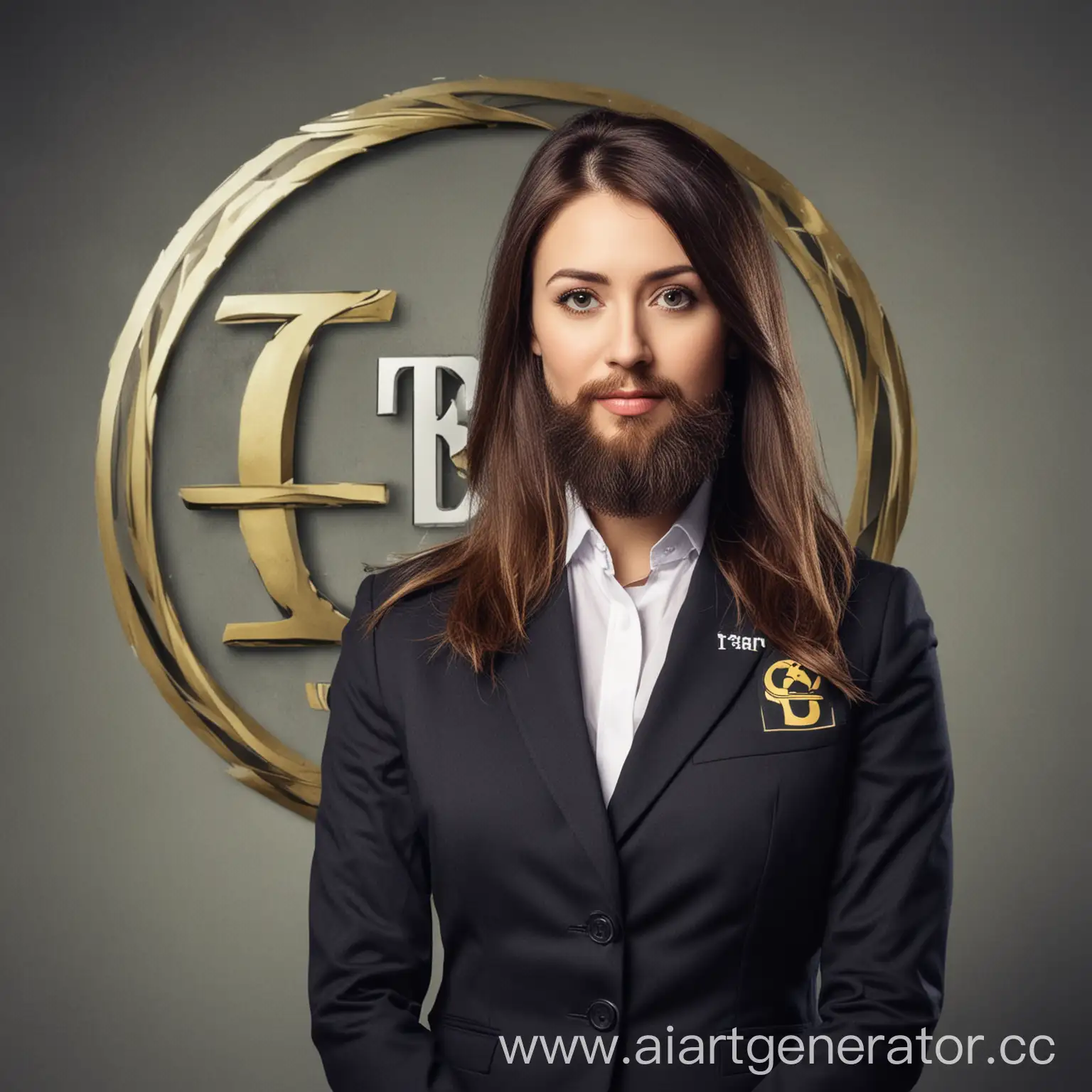 бородатая женщина в костюме на фоне логотипа Т-банка