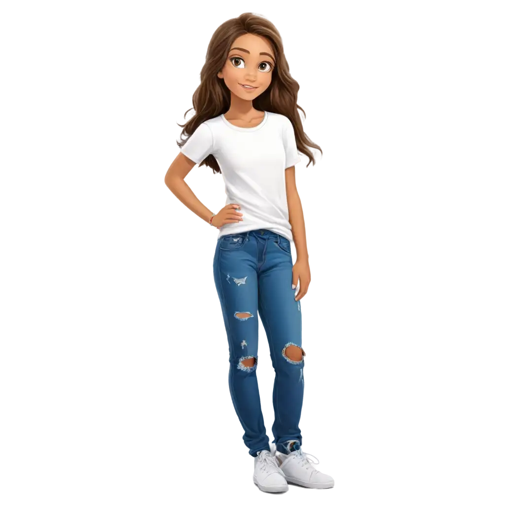 please draw a 13 year old girl with mediam size brown hair and very tan skin and hazel eyes with ripped jeans and a white top cartoone

