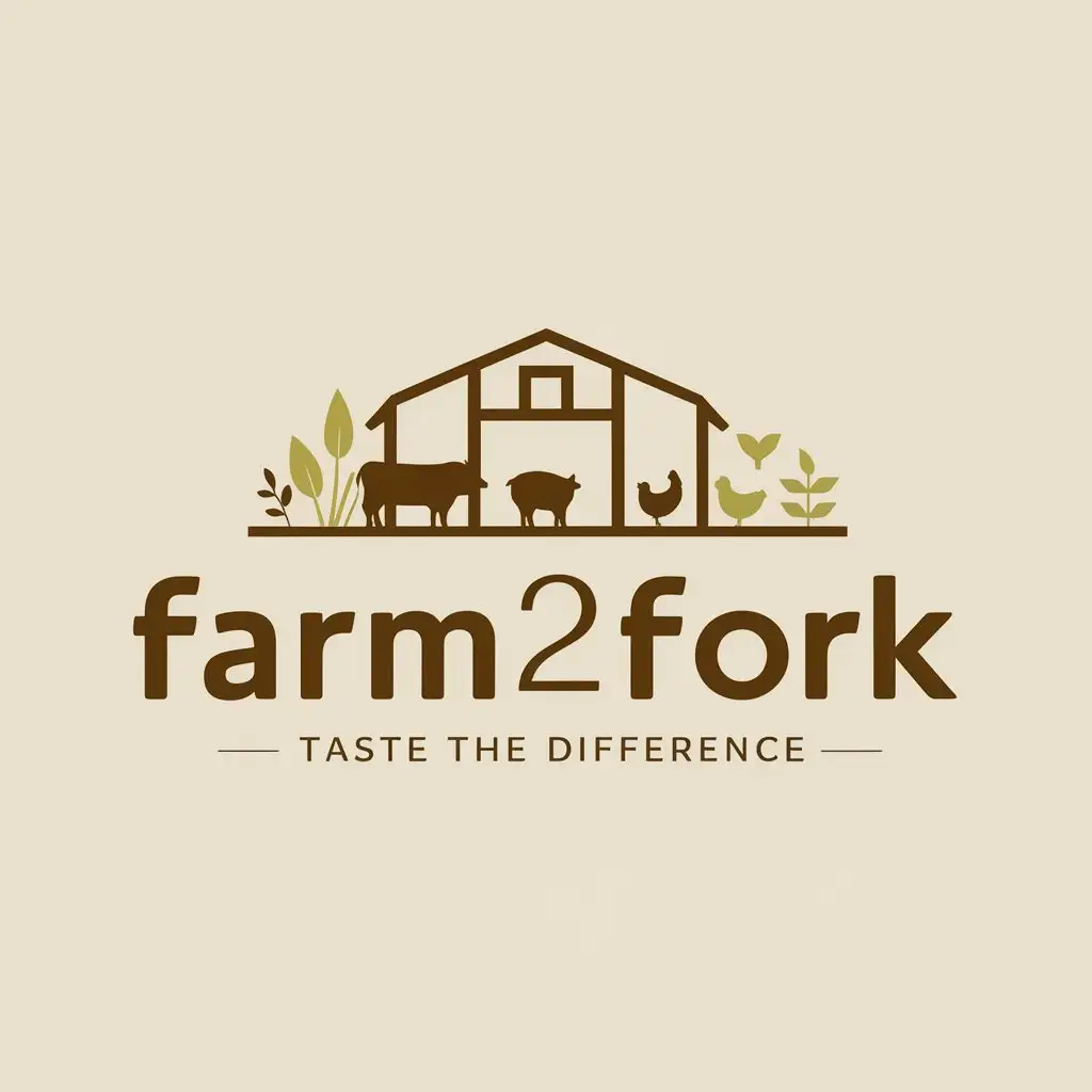 a logo design,with the text "Farm2Forkntaste the difference", main symbol: Create Farm2Fork Branding Logo "Farm2Fork", design a minimalist logo for my Farm2Fork brand. The color scheme is open to suggestions, while the imagery should incorporate farm animals and align with my website's clean and modern aesthetic: Farm2Fork.com.au Farm2Fork, taste the difference.,Moderate,be used in farm industry,clear background