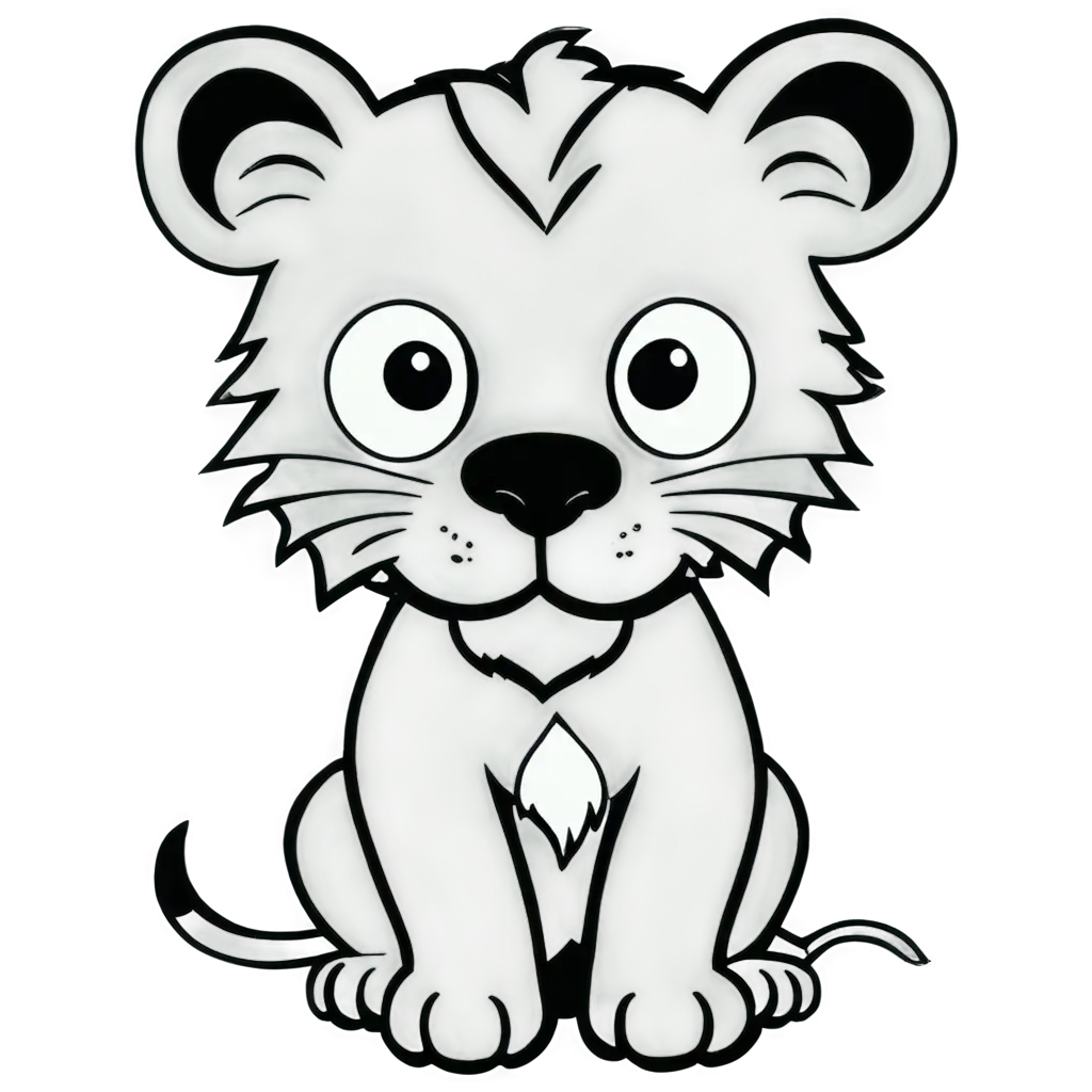 create a black and white vector image of a A sad lion with thick lines, suitable for children to color. The lion should have a simple, cute expression and be sitting down with a somber look. and a few grass blades around the lion keep the background white and free of intricate details. cartoon effect