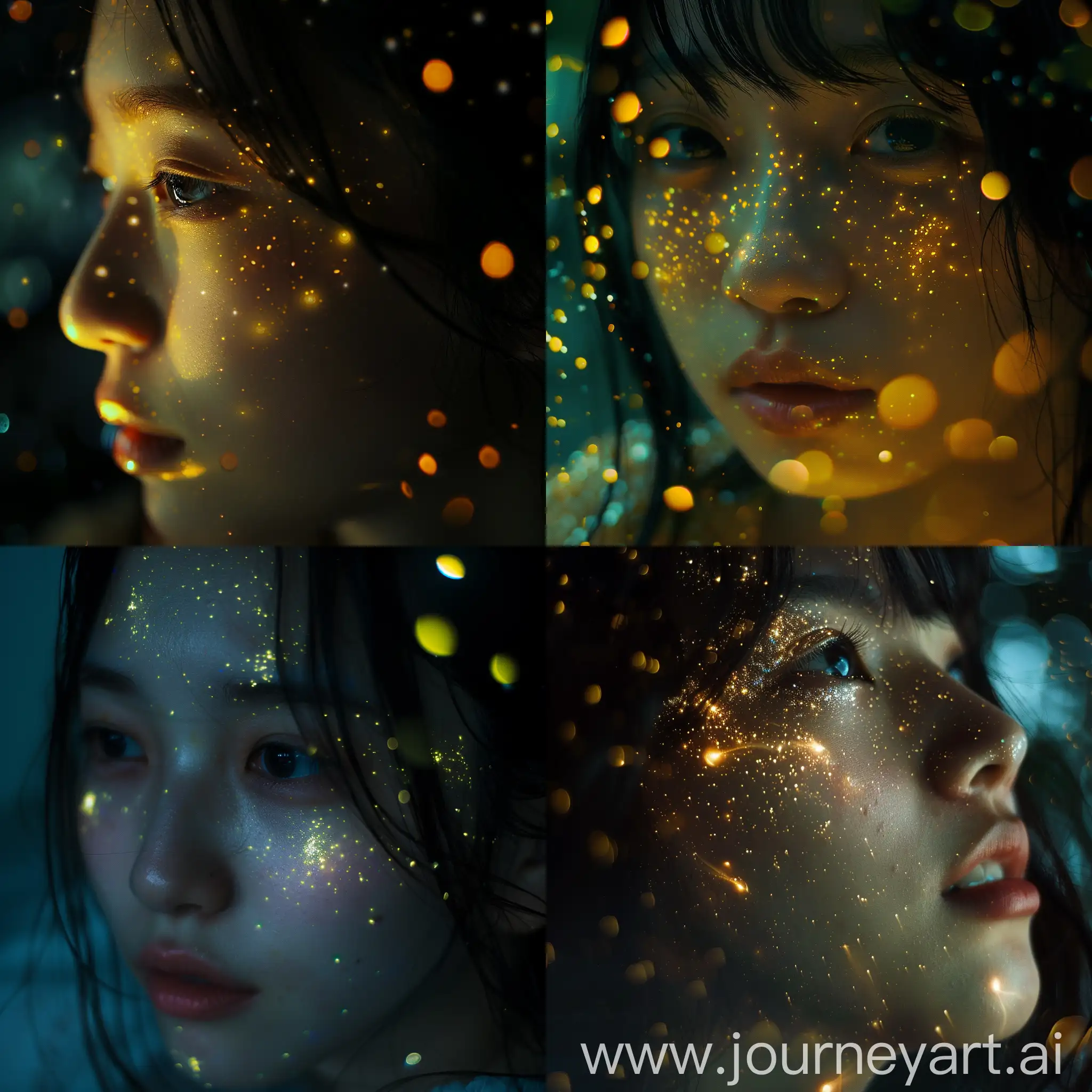 Japan girl face, looking to the sky. Alot of fireflies, many fireflies at face, bokeh, lot of fireflies flare on face. Glowing Glittery face.laser light pointed to face. Dark room.