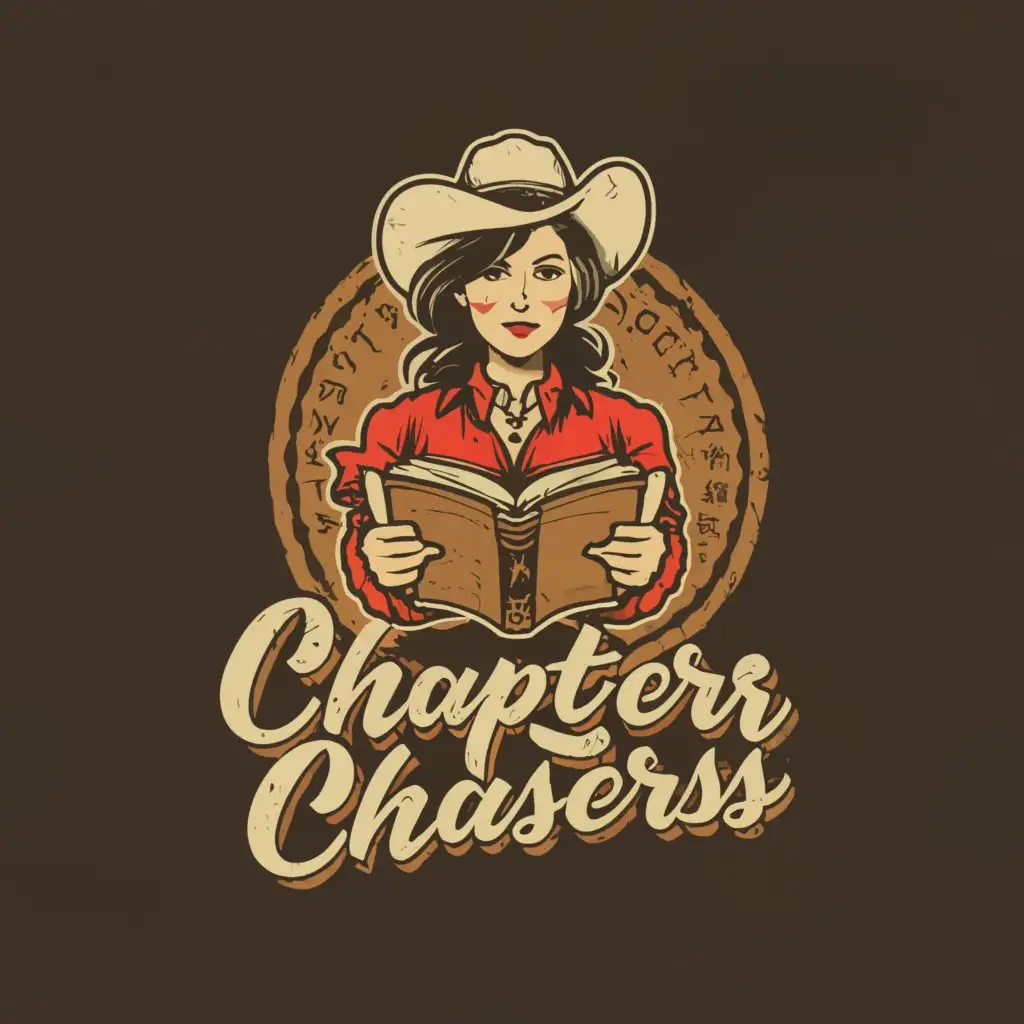 a logo design,with the text "Chapter Chasers", main symbol:BOOK, CHAPTERS, COWGIRL, RETRO,Moderate,clear background
