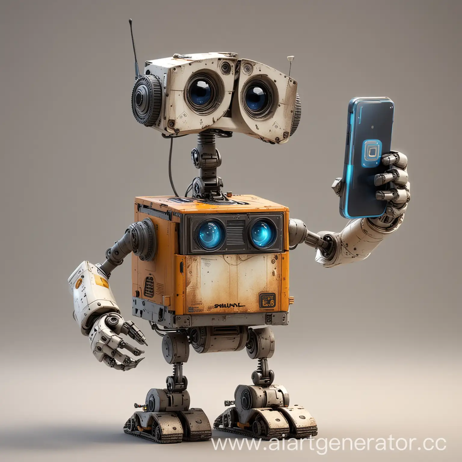 Улыбающийся робот, похожий на Валли. Держит в руках телефон и протягивает его в камеру.