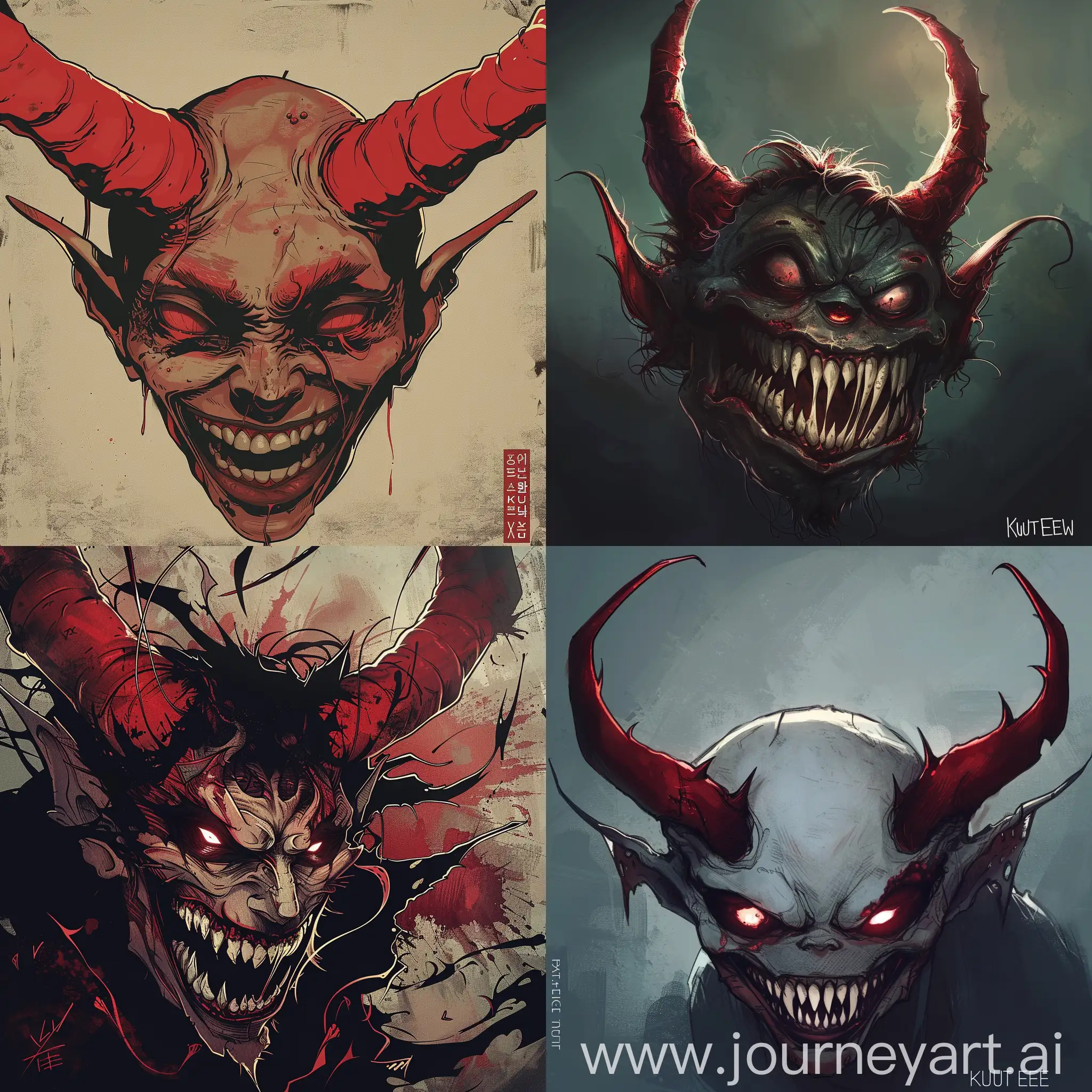 Anime style illustration of an evil with red horns, ugly evil face, horror, evil smile, art, illustration by Kyutae Lee