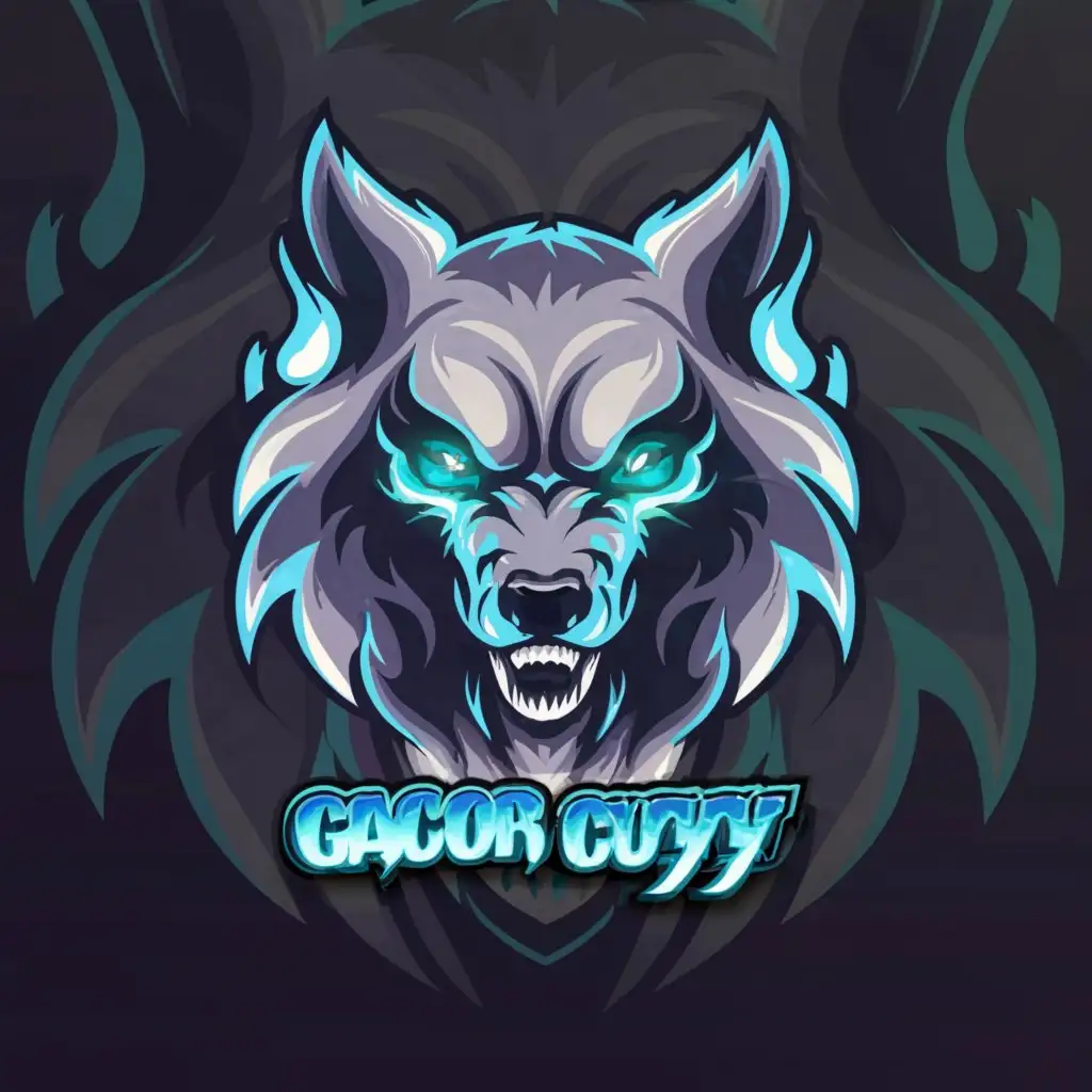 a logo design,with the text 'Gacor cuyyy Esport', main symbol:super angry wolf with blue fire eyes, the main color blue and dark,Moderate,be used in Technology industry,clear background