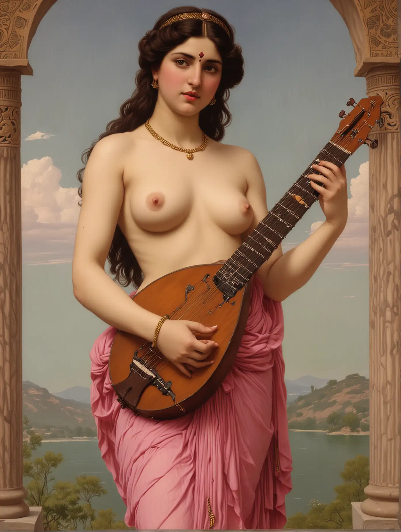 John William Godward painting of beautiful topless Goddess Saraswati.