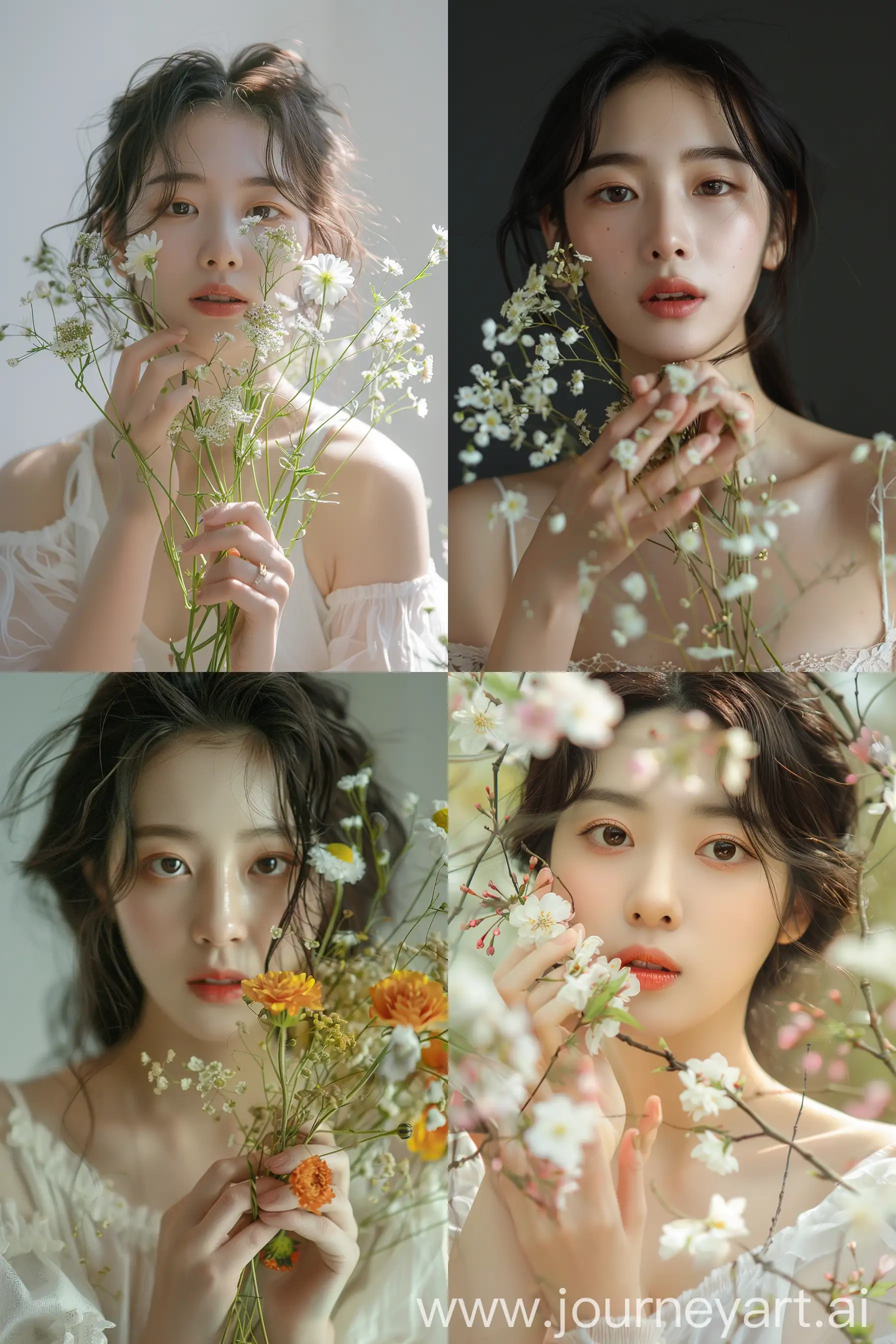 咒语分享：The pretty Asian woman was holding the flowers in her hands, Korean Model, real photo style, full body shot --ar 2:3 --v 6.0