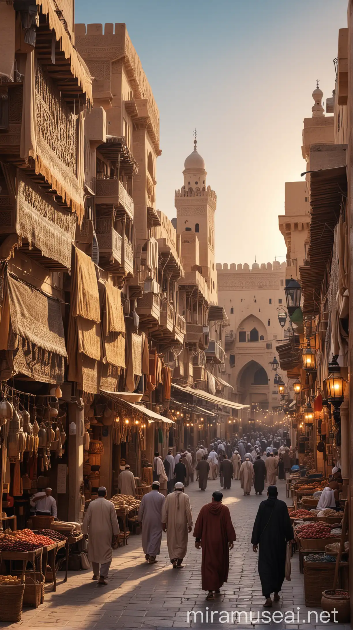 Visualize a bustling marketplace in the heart of ancient Medina, with merchants and shoppers bustling about amid the sounds of trade and commerce, with islamic way HD and 4K