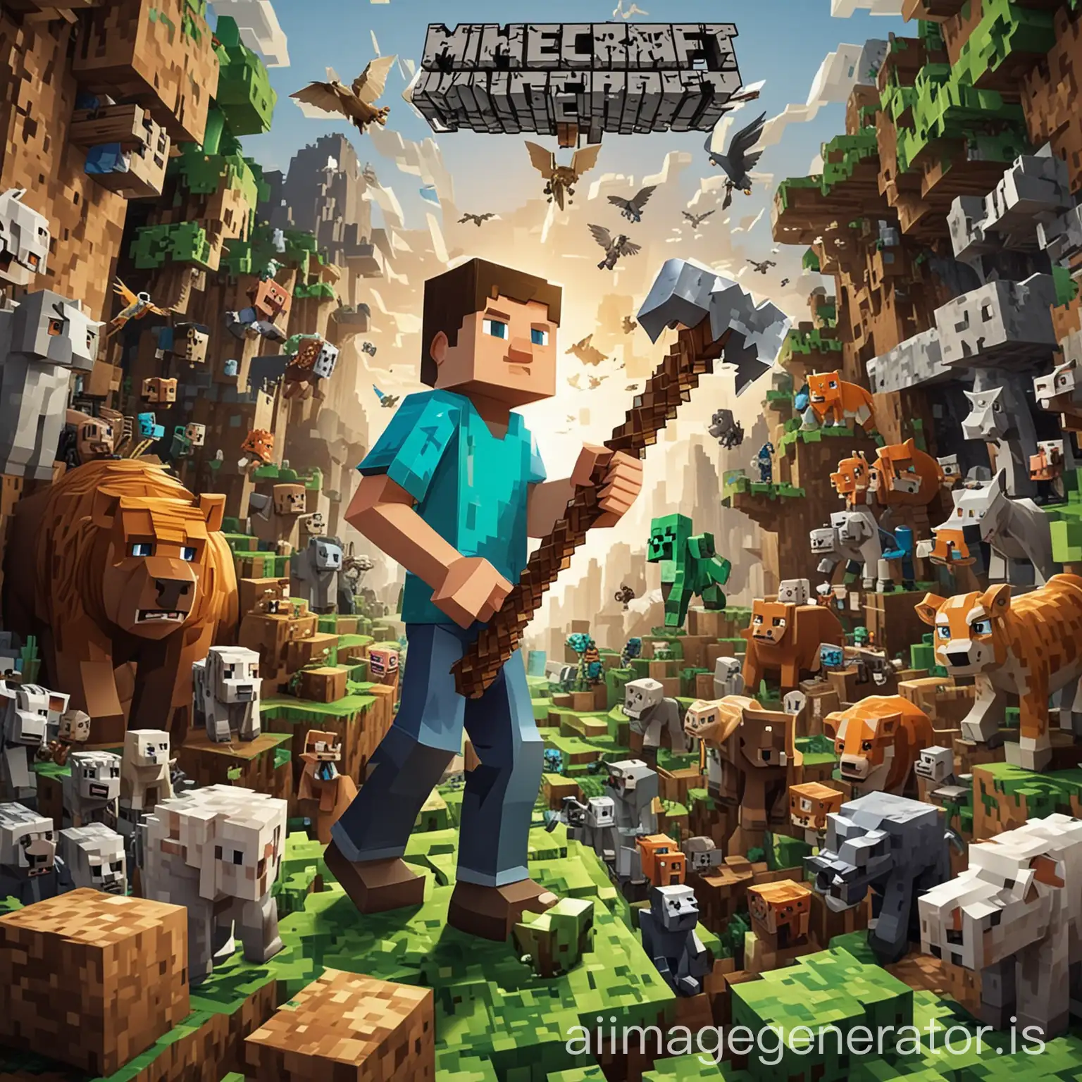 a boy with a minecraft pickaxe exploring minecraft world and many other animals  surrounding him